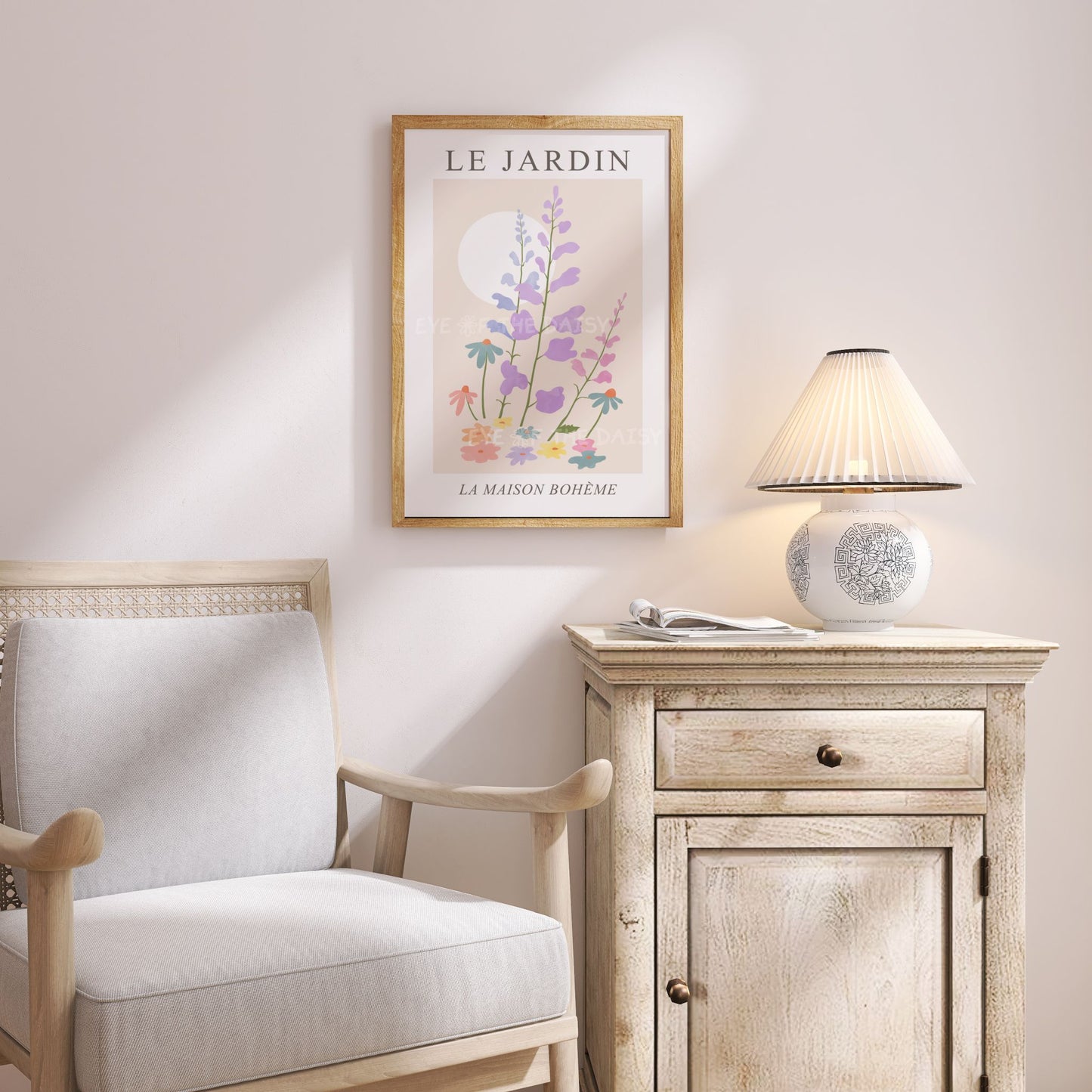 Le Jardin botanical wall art – pastel floral triptych in pink, lilac, and beige, printable French vintage decor for a refined bedroom