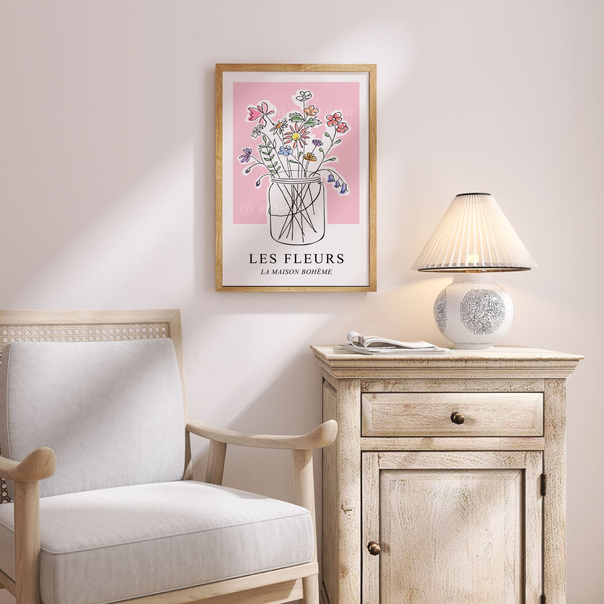 "Les Fleurs" printable wall art print displayed in a cozy corner or reading nook, pretty pastel floral wall decor