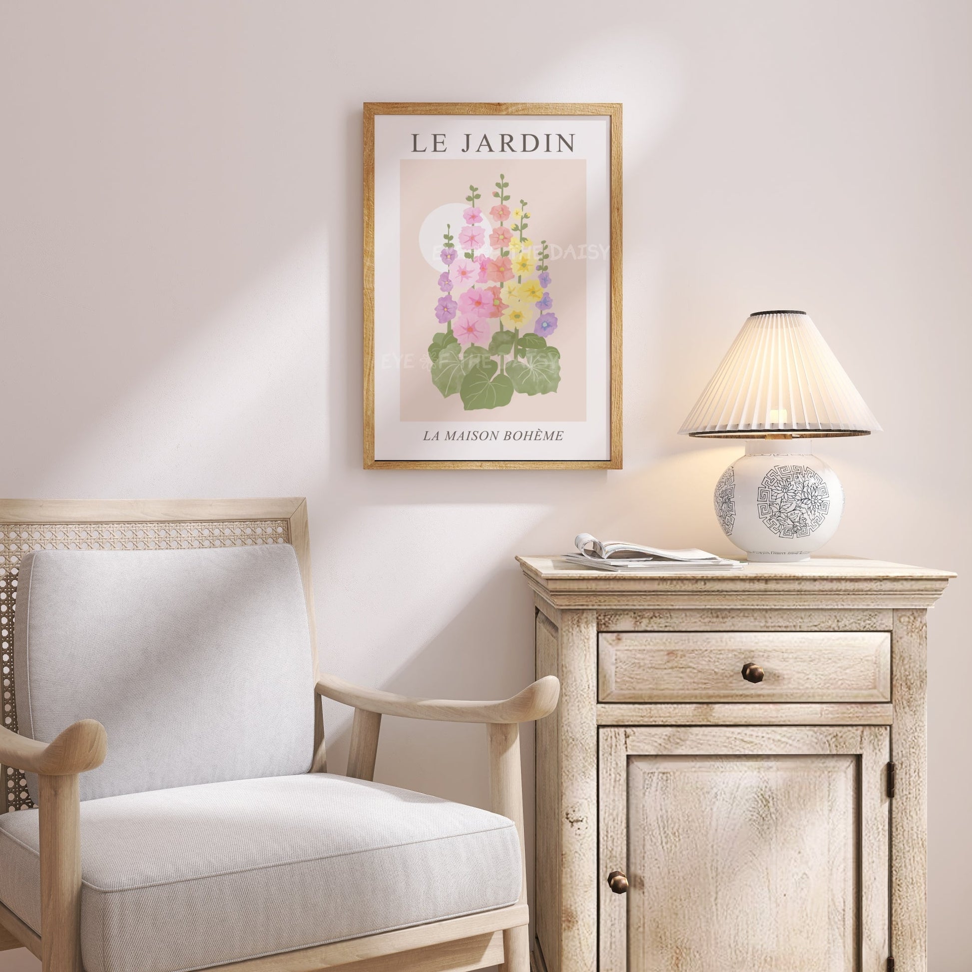 Pastel Hollyhock floral printable wall art — perfect digital download for cozy reading nooks, boho corners, or romantic vintage farmhouse spaces