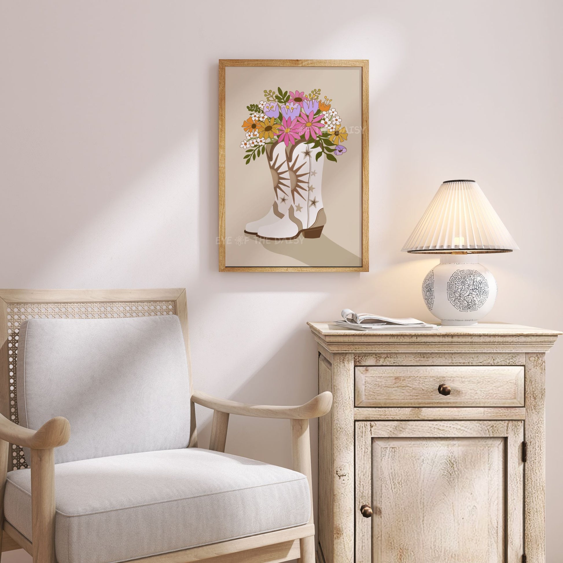 Retro cowgirl boots with flowers print in soft colors, girly Y2K digital download for trendy kids room or boho teen bedroom wall