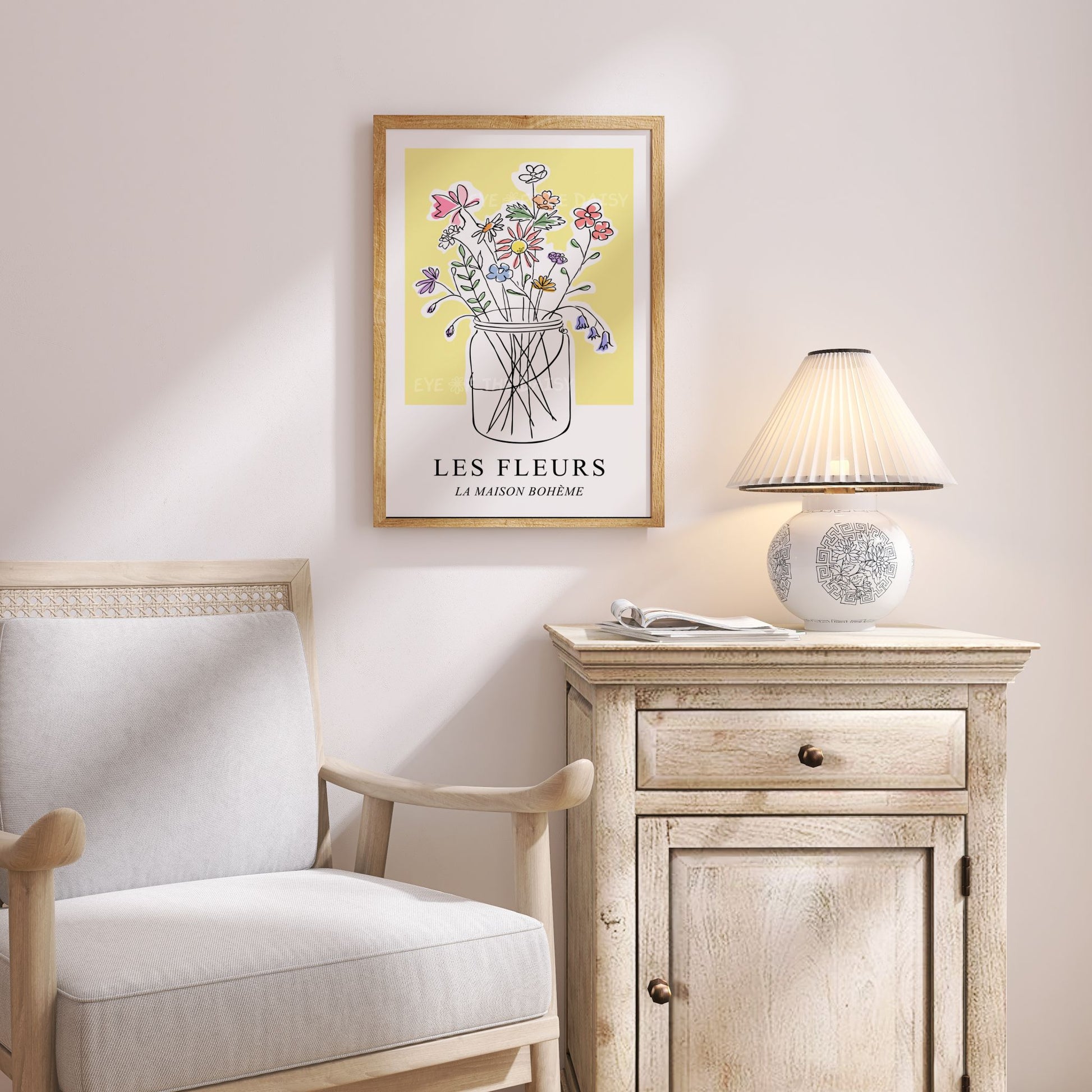 Pastel wildflower jar print – hand-drawn floral art on soft yellow, printable cottagecore decor perfect for a cozy corner or reading nook