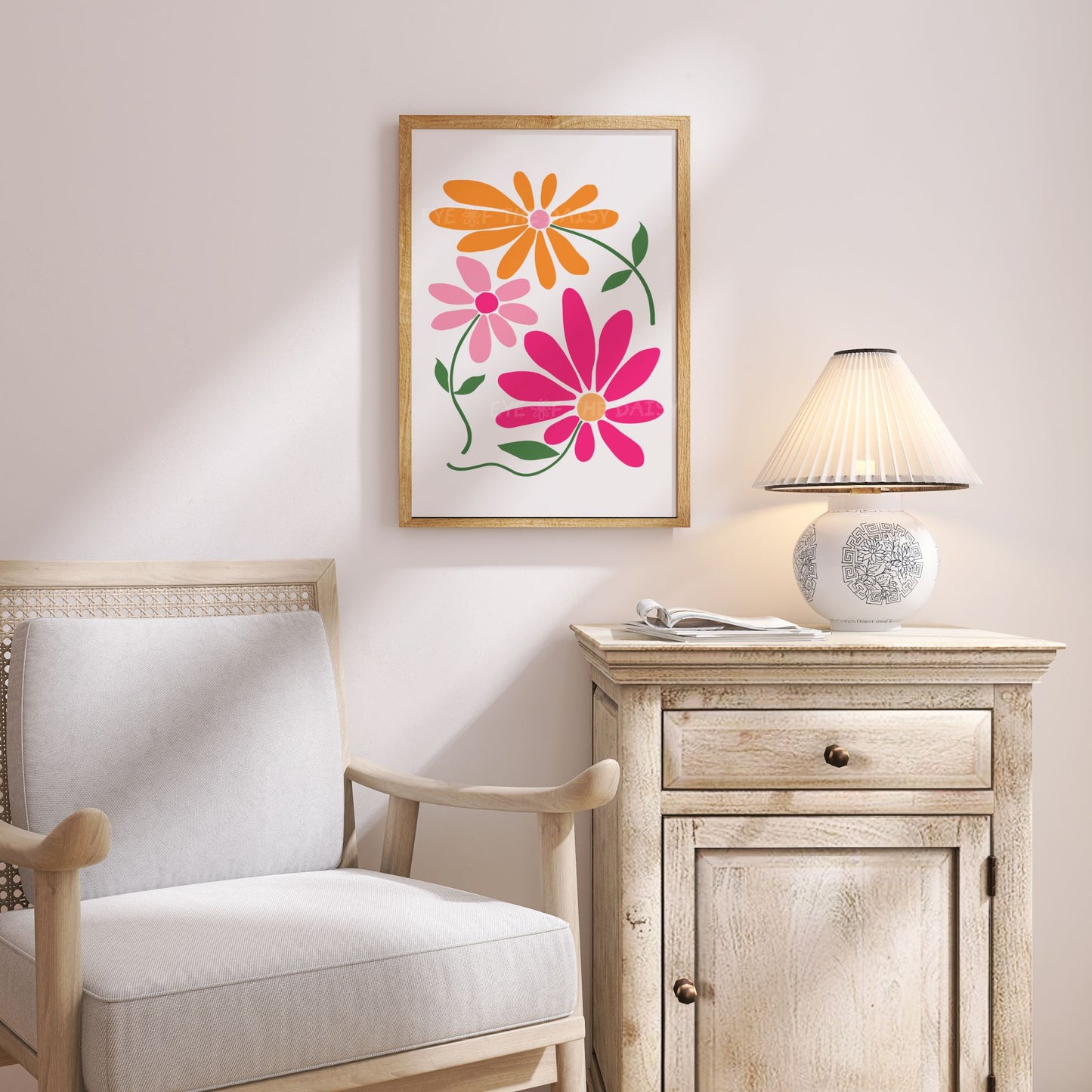 Abstract hot pink orange floral printable wall art displayed on the wall in a cozy cottagecore style corner