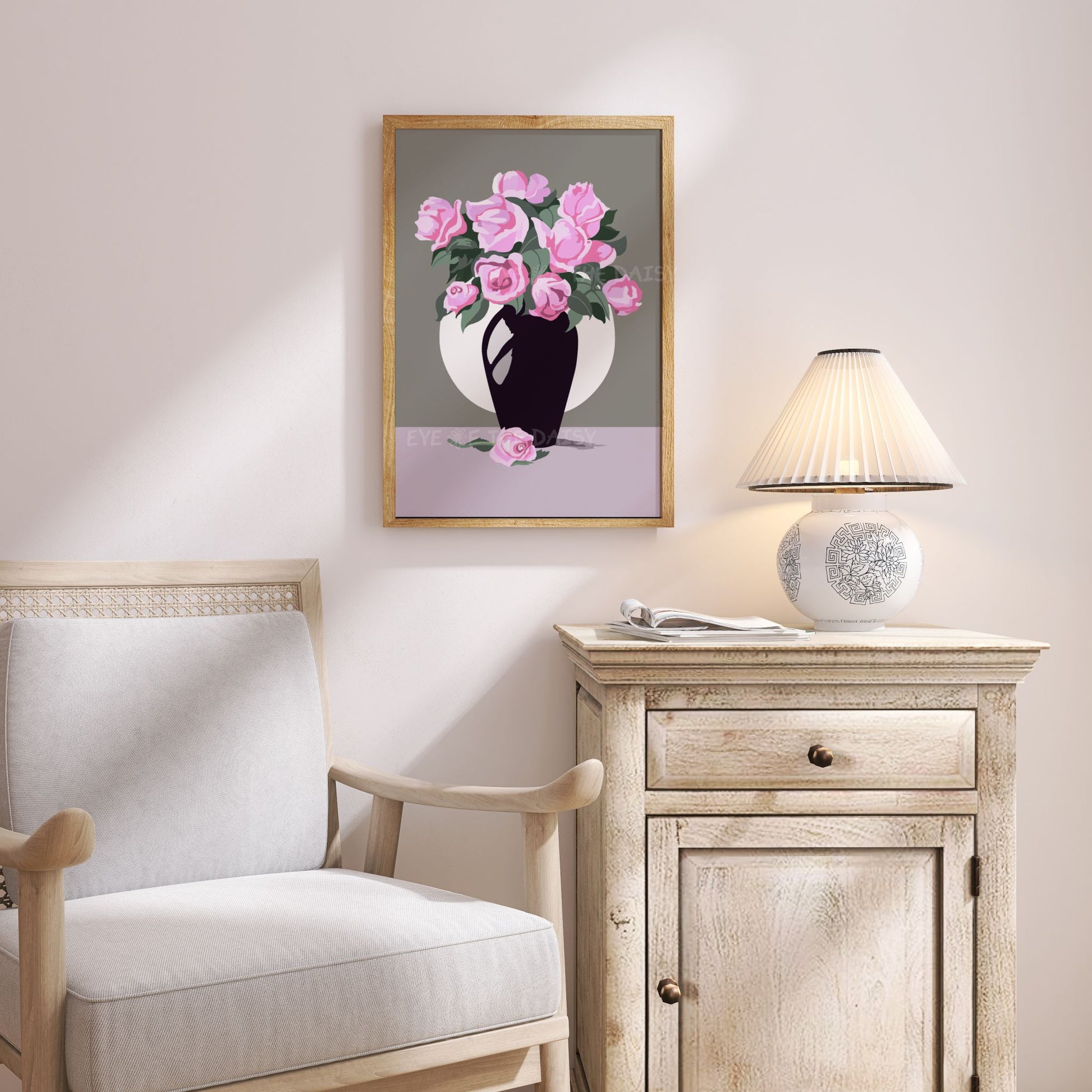Pink rose downloadable art in a cozy cottagecore corner — printable poster with soft vintage French style and feminine aesthetic