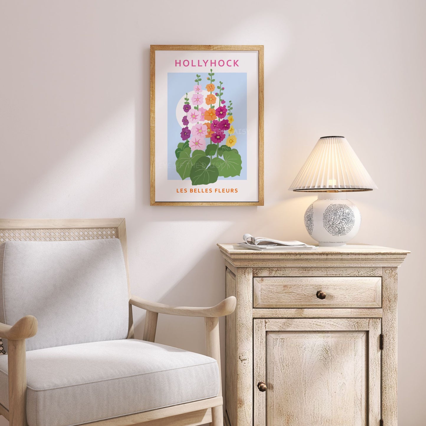 Trendy floral exhibition poster with colourful Hollyhock flower illustration – Scandinavian wall decor for a cozy living room