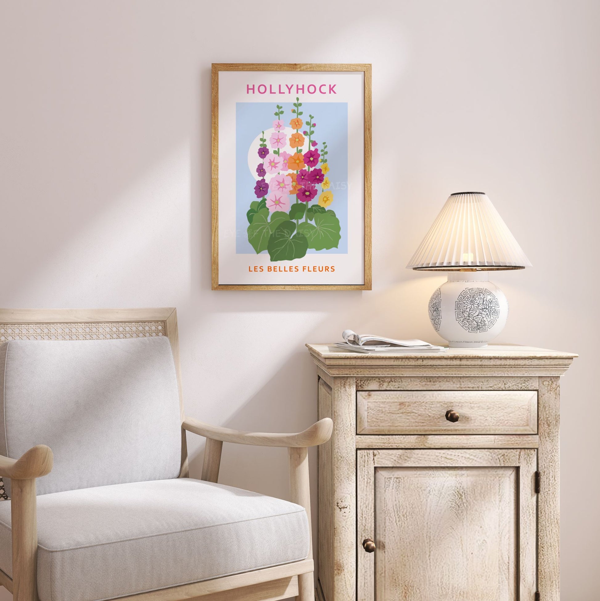 Trendy floral exhibition poster with colourful Hollyhock flower illustration – Scandinavian wall decor for a cozy living room