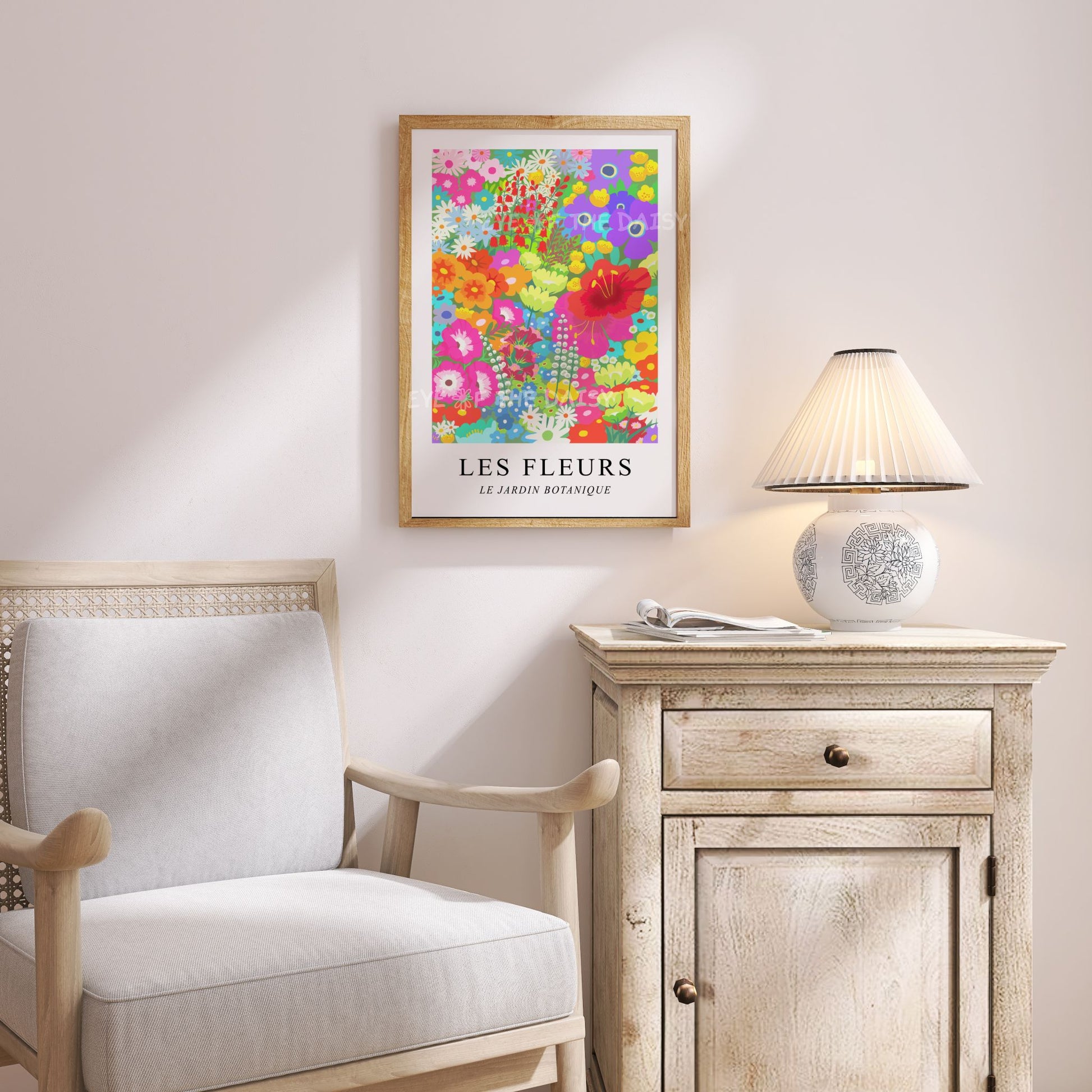 Colourful abstract botanical print of a flower garden – 'Les Fleurs' exhibition poster styled in a cozy corner reading nook or accent wall