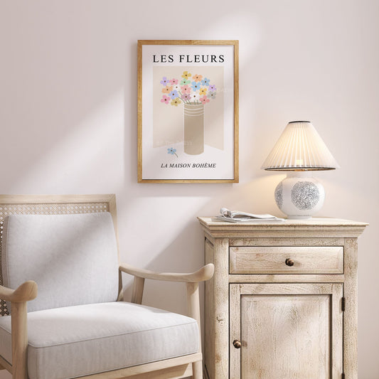 Soft pastel floral print for nursery – Les Fleurs boho chic wall art with beige vase and pretty flowers, printable calming baby decor