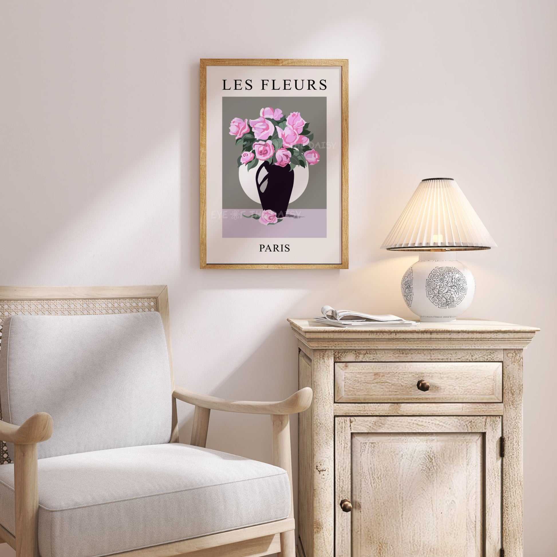 Hand-drawn pink rose floral poster download — Les Fleurs style digital print, perfect for romantic wall decor or feminine gallery walls
