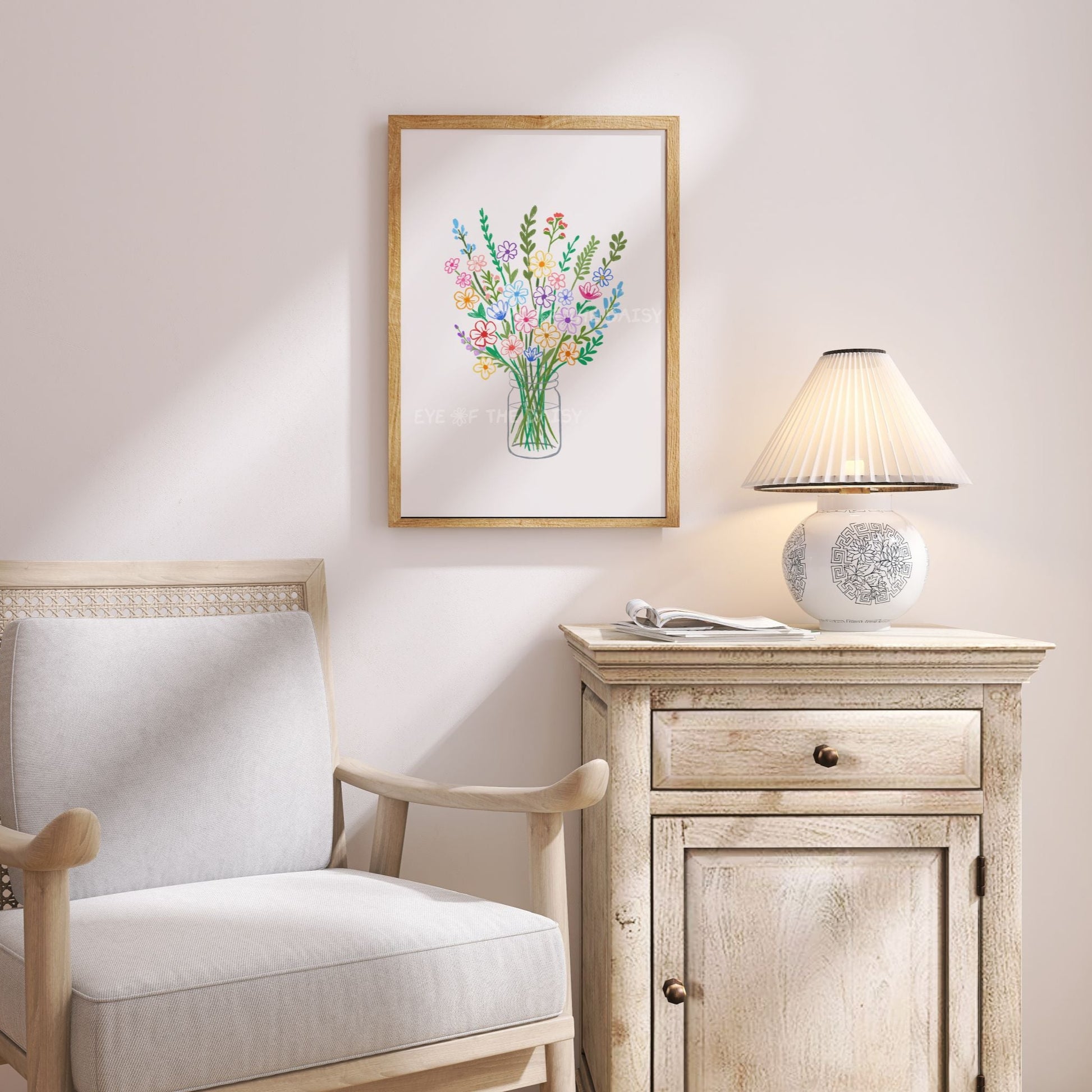Trendy hand drawn flowers in vase print, cozy corner or reading nook wall decor, colorful floral digital art in cottagecore aesthetic