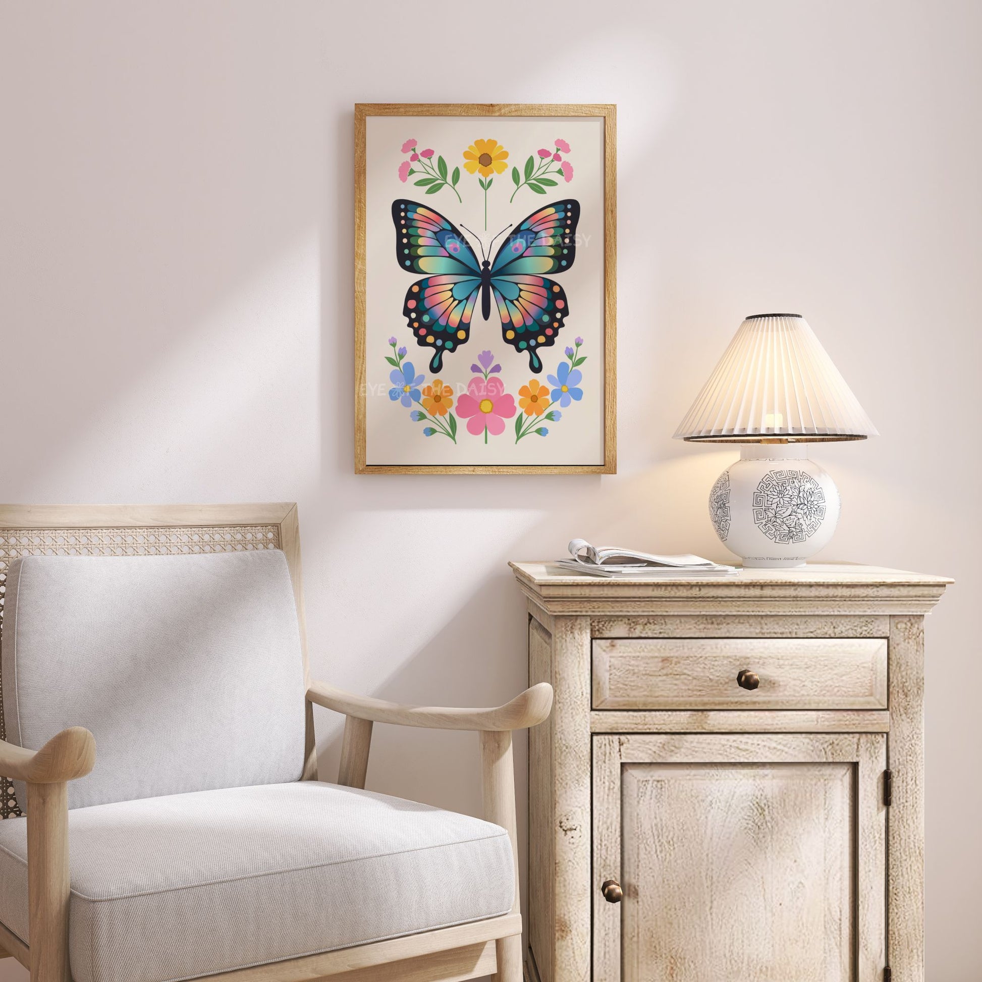 Decorative butterfly poster printable on a wall above a cozy corner or reading nook, beautiful floral butterfly print