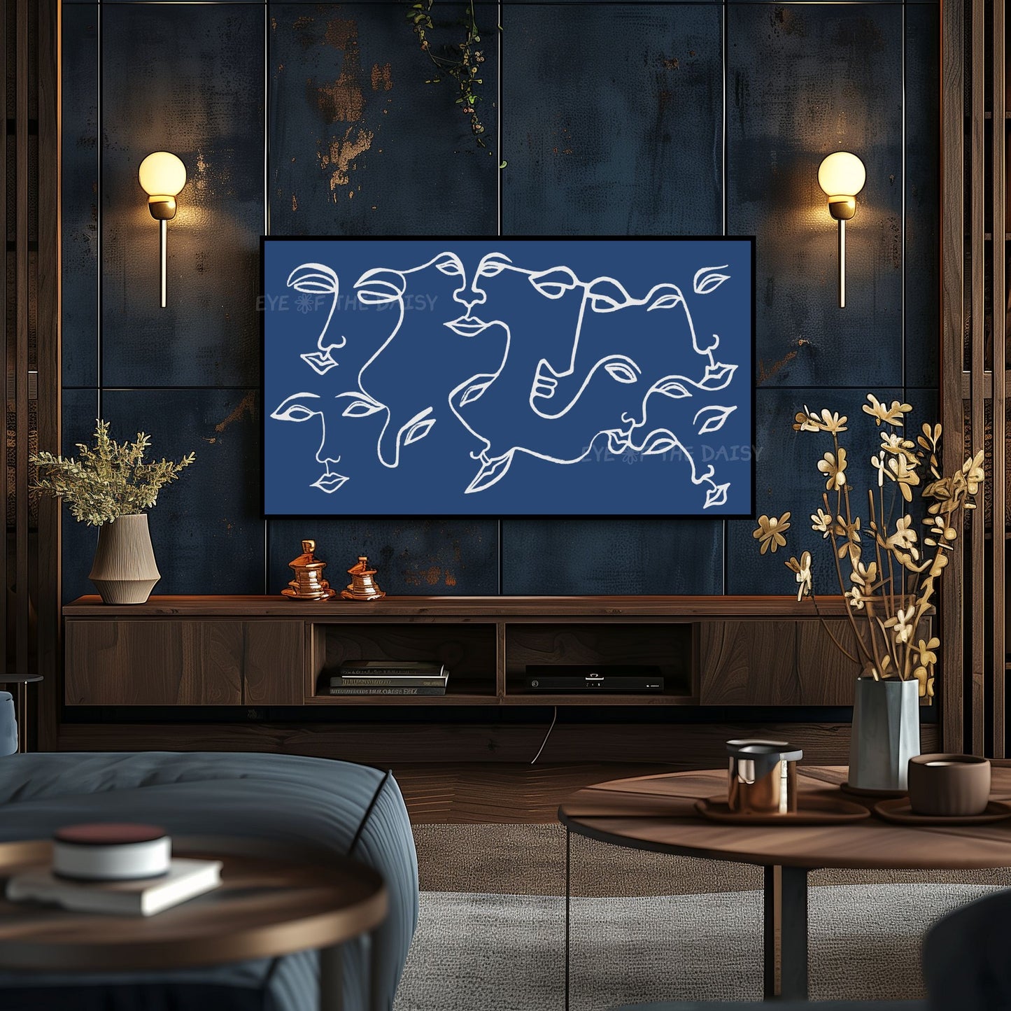 Navy Blue White Abstract Face 4K TV Art | Eclectic Face Line Art for TV Screen