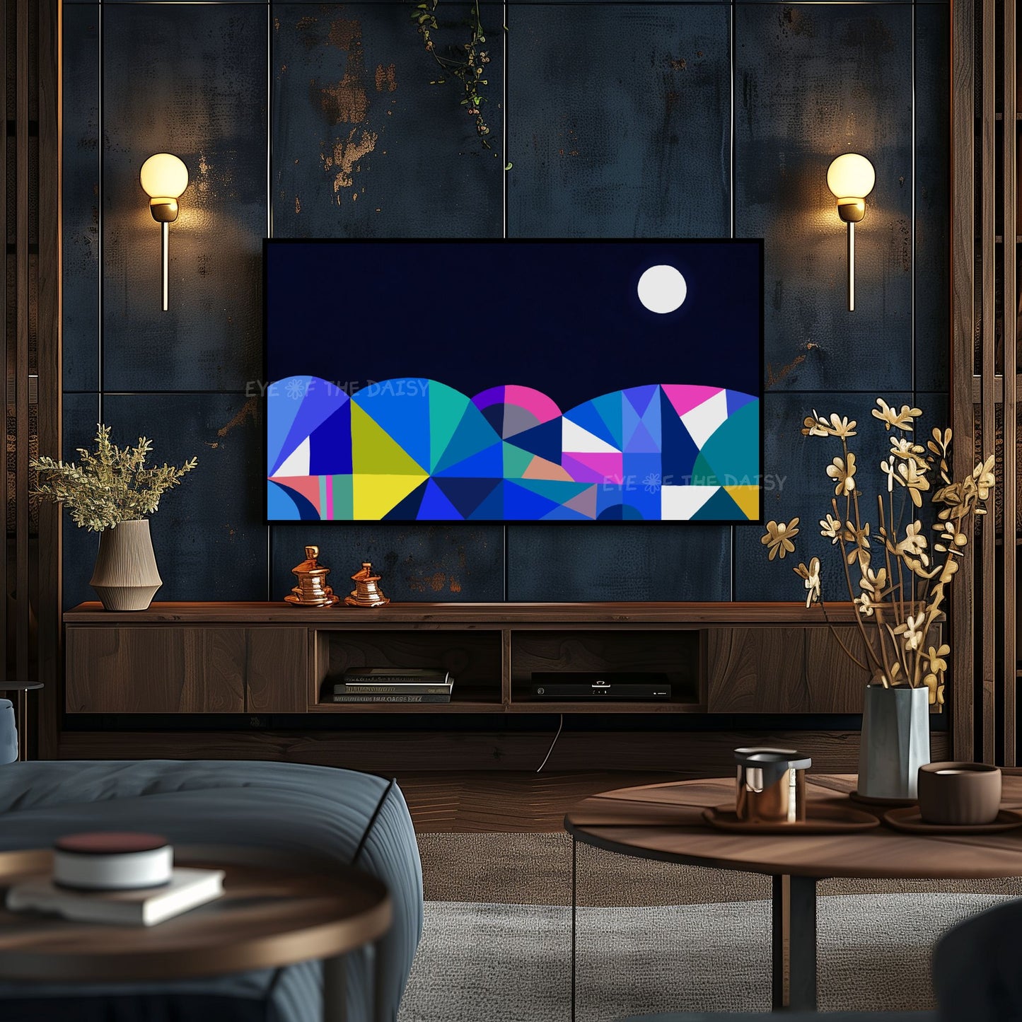 Navy Blue & Colourful Abstract Moonlit Landscape 4K TV Art | Geometric Art for TV Screen