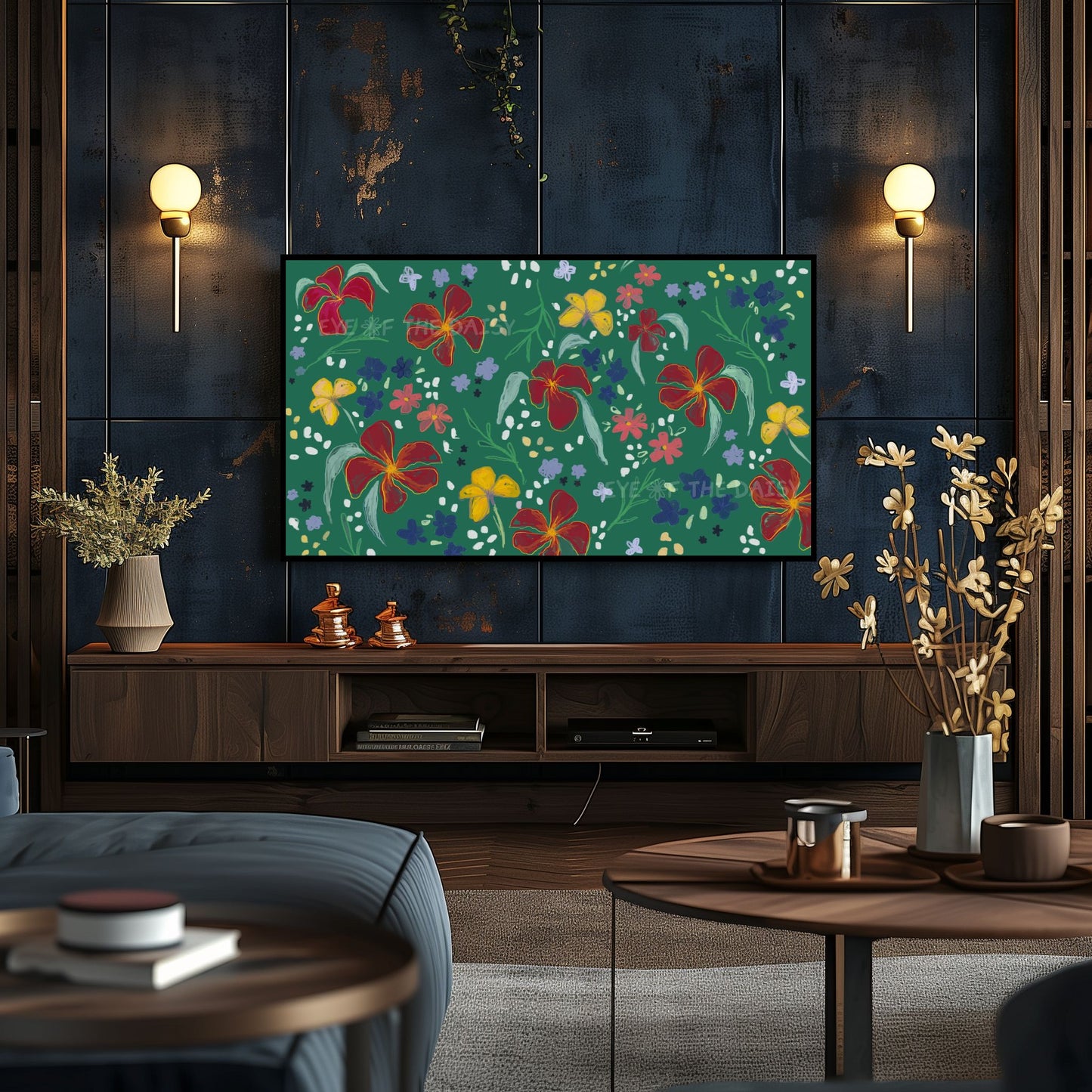 Dark Green Maroon Mustard Abstract Floral 4K TV Art | Flower Pattern Art for TV Screen