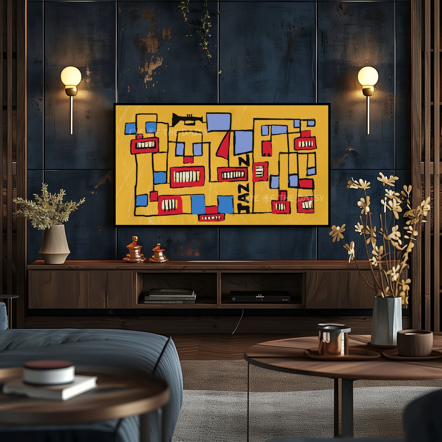 Mustard Red Blue Mid Century Modern 4K TV Art | Jazz Vibrant Line Art for TV Screen 4K
