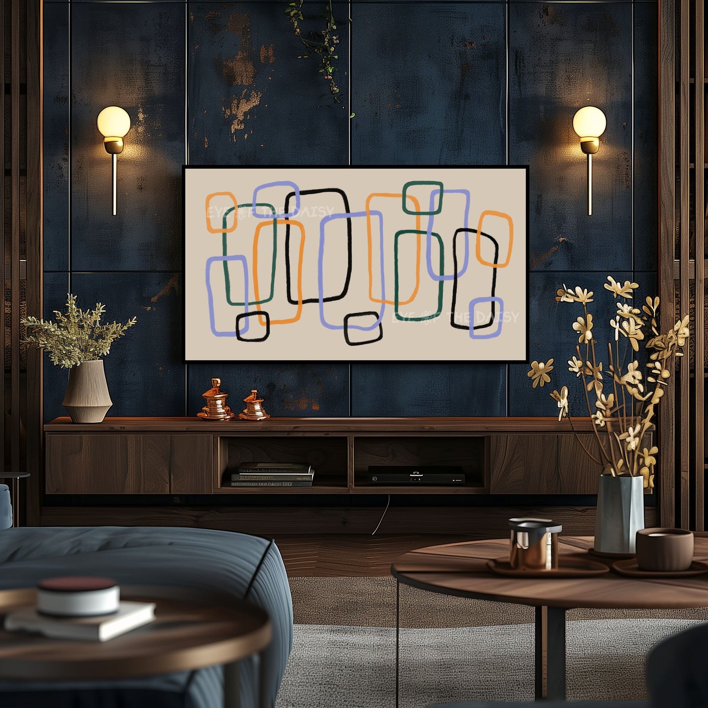 Mid Century Line Abstract 4K TV Art | Beige Mustard Blue Retro Art for TV Screen