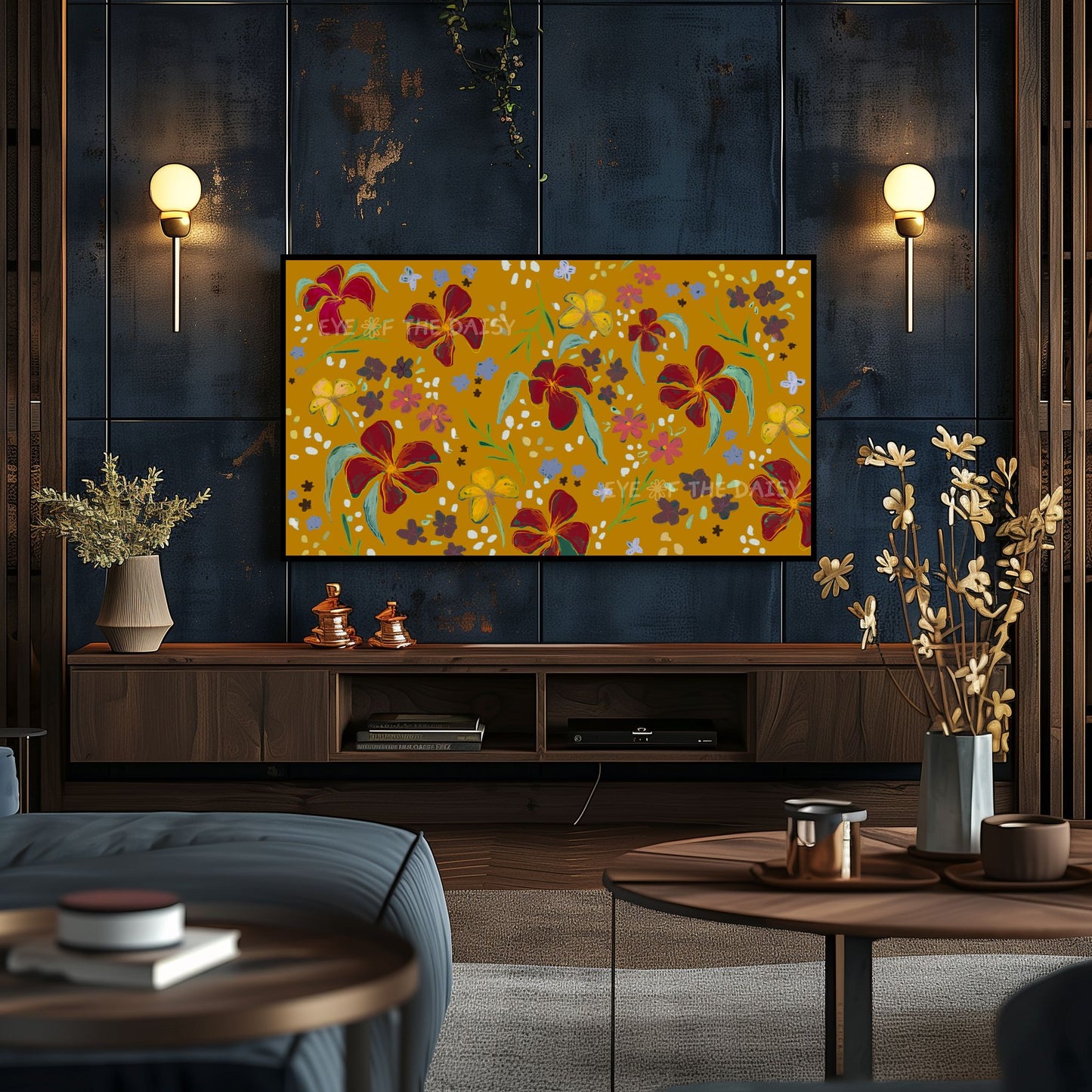 Mustard Yellow Maroon Abstract Floral 4K TV Art | Gold Flower Pattern 4K Art for TV Screen