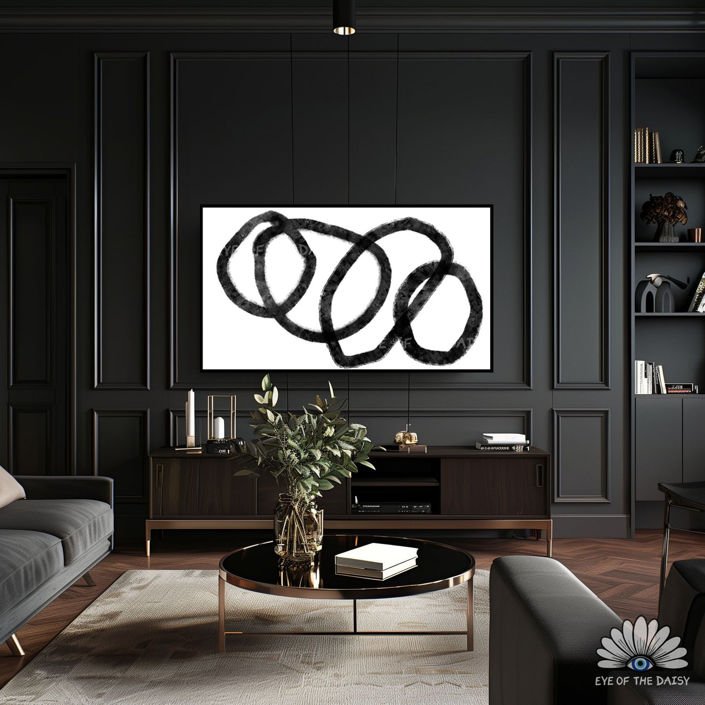 Contemporary minimalist 4K TV art, black and white abstract art for 4K TV screen in stylish apartment