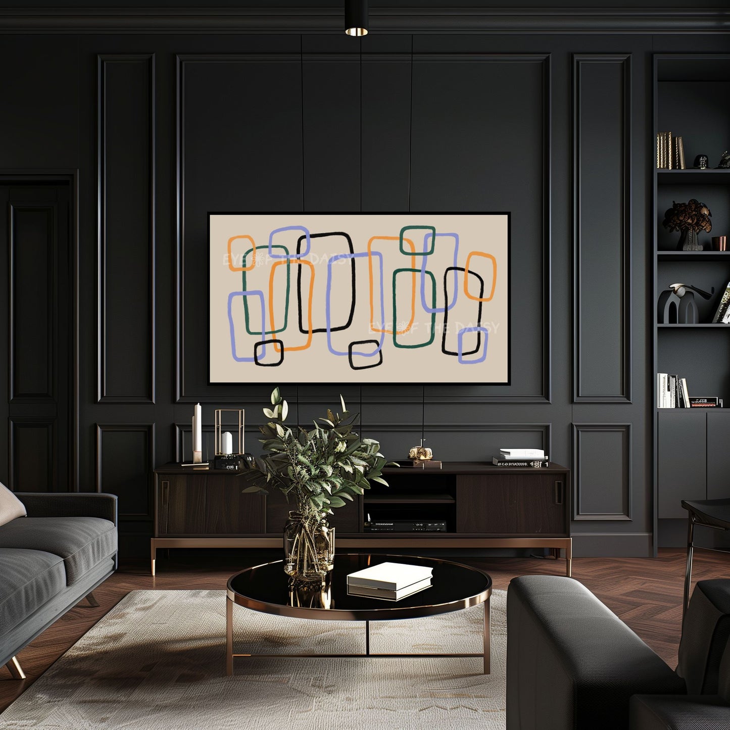 Mid Century Line Abstract 4K TV Art | Beige Mustard Blue Retro Art for TV Screen