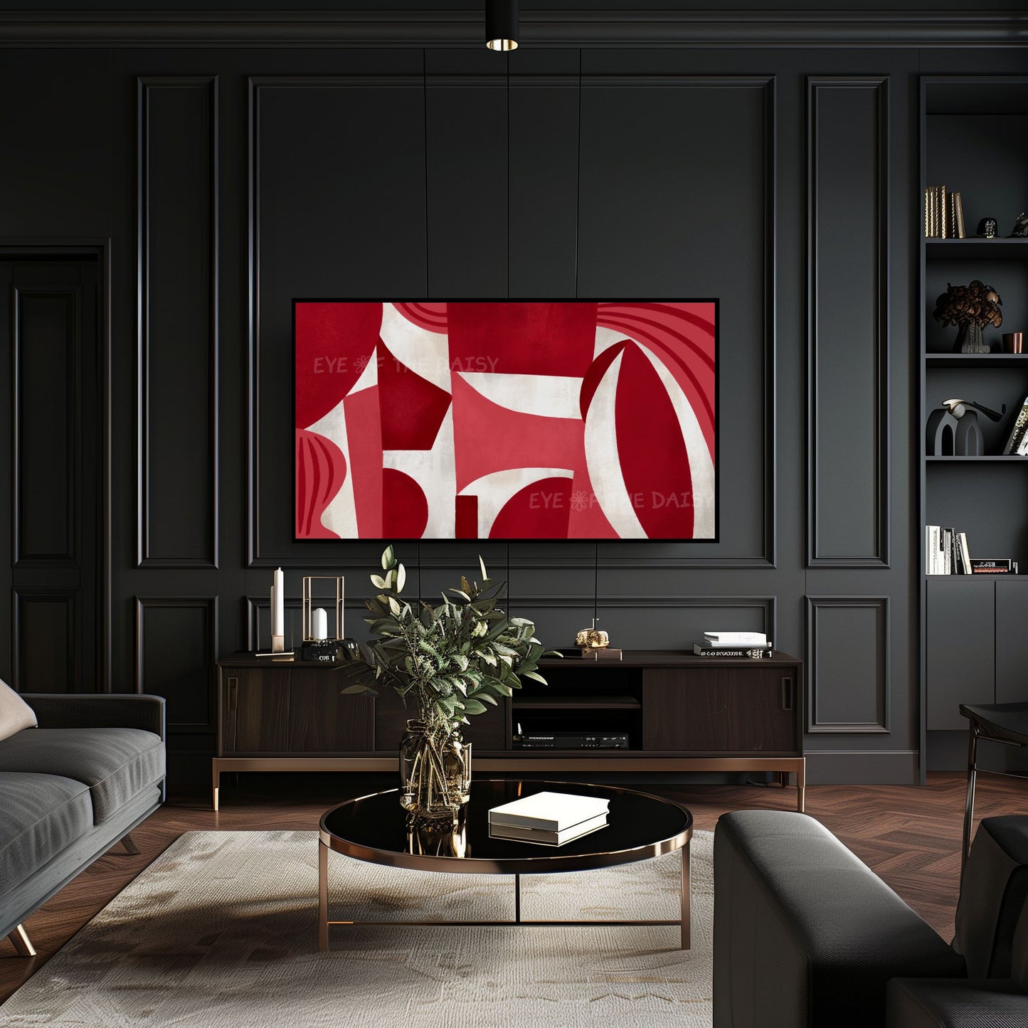 Maroon Beige Mid Century Modern 4K TV Art | Dark Red Geometric Abstract Art for TV Screen