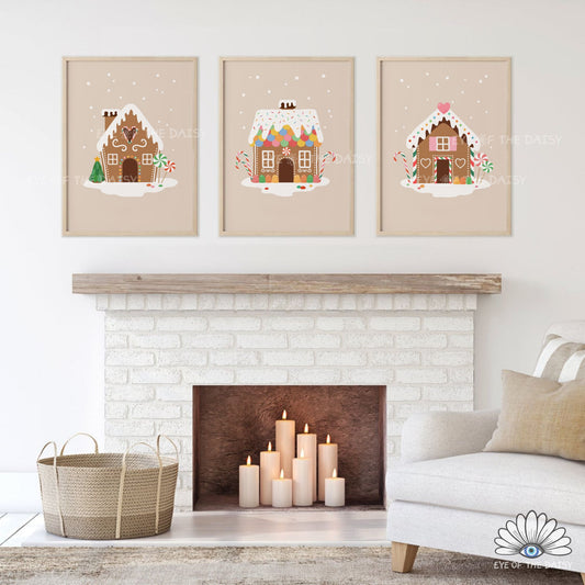 Set of 3 Gingerbread House Prints Digital Download | Cute Christmas Printable Wall Art