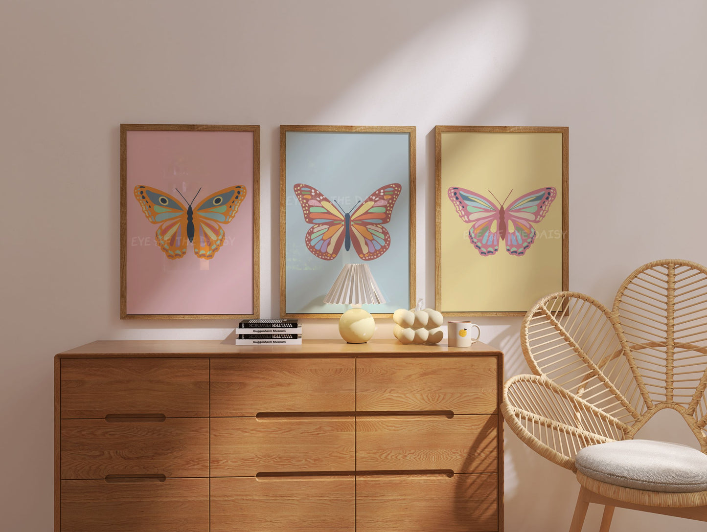 Vintage butterfly printable wall art set of 3 for cosy home corner, pastel digital download prints, cute DIY wall gallery poster set