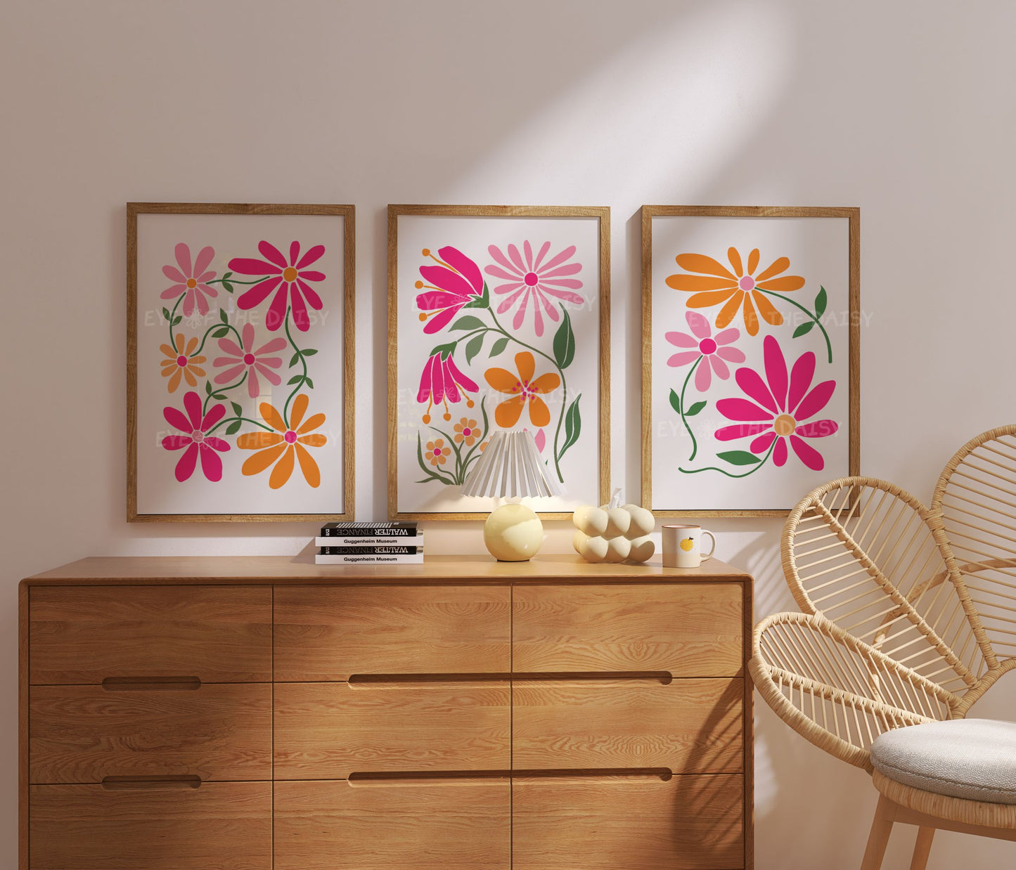 Floral triptych print set of 3 in hot pink and orange for girl’s bedroom wall, printable boho retro daisy art for kids or teen girl's room