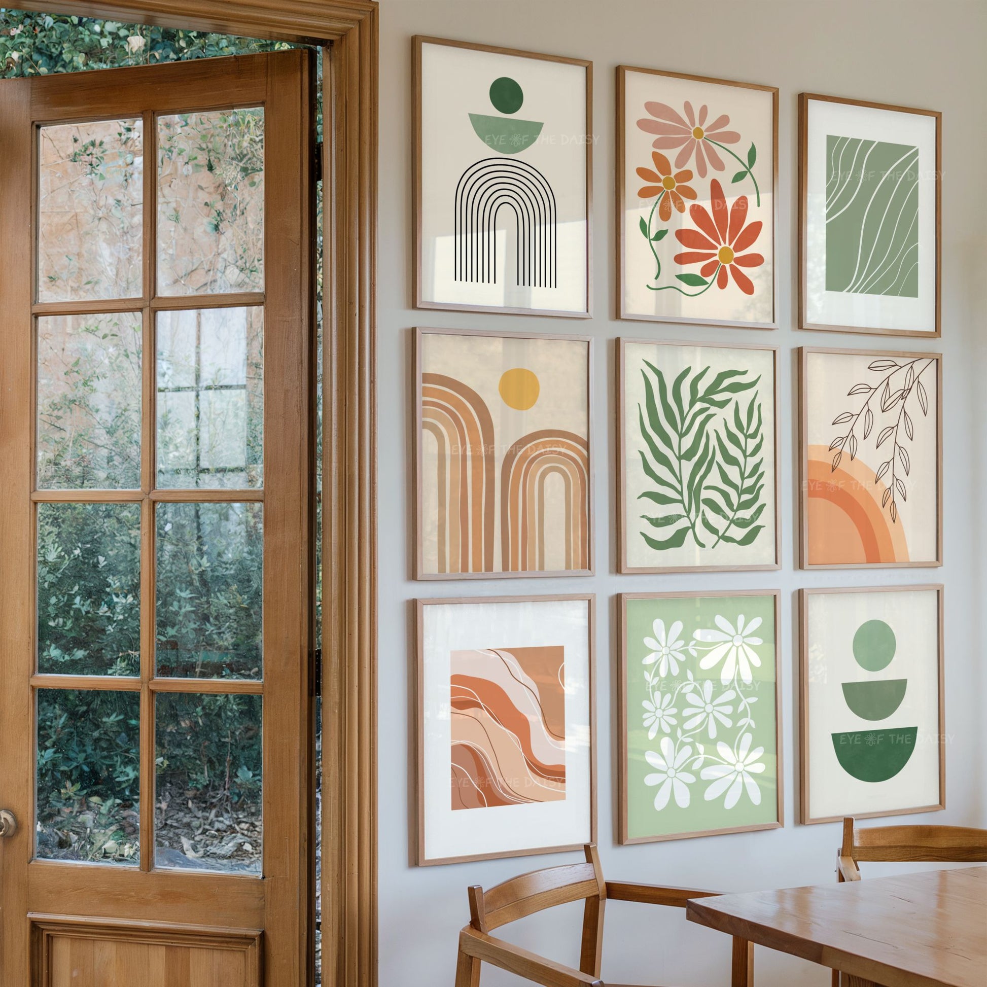 Set of nine boho printable wall art prints in terracotta, burnt orange, beige, sage green and dark green, makes great living room decor