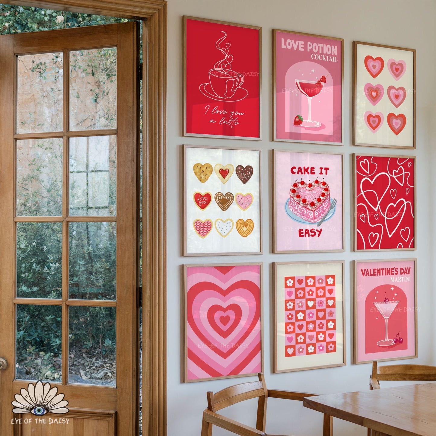 Red and pink Valentine’s poster bundle of 9 hand drawn prints, colorful printable wall art for trendy, preppy dopamine decor