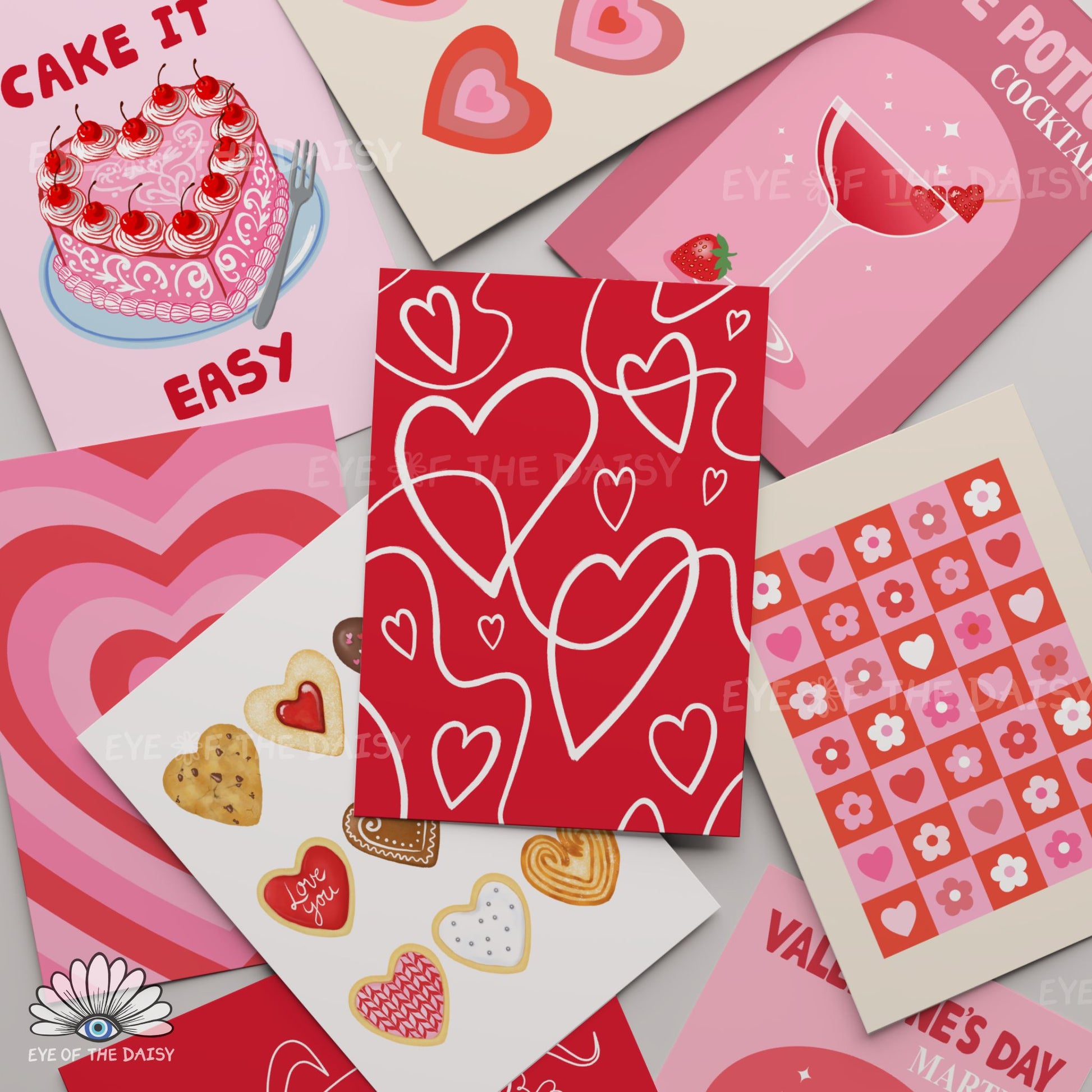 Galentine's print set of 9 hand drawn digital posters, red and pink gallery wall art for bedrooms, dorms, apartments, or living spaces