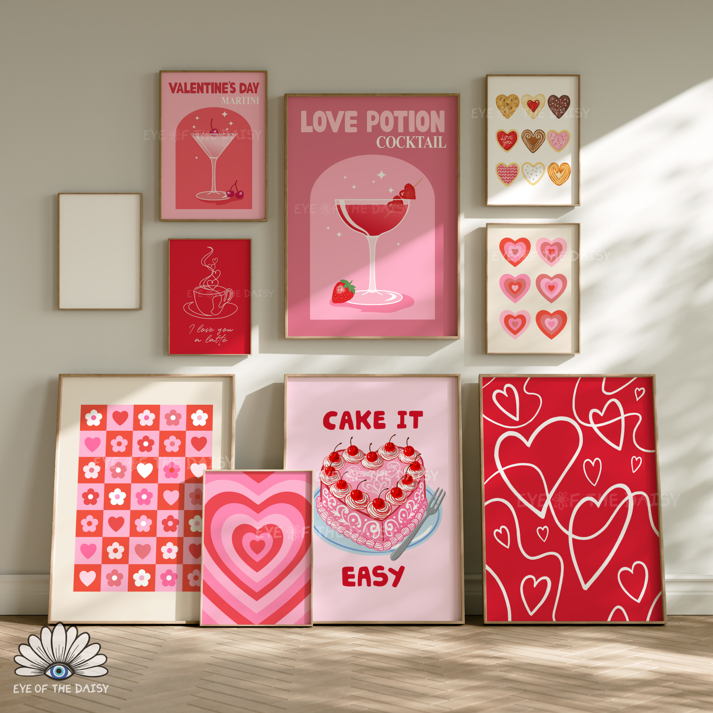 Red and pink Valentine’s printable wall art set of 9 hand drawn digital downloads, poster bundle for bedrooms, dorms, apartments, or kitchens