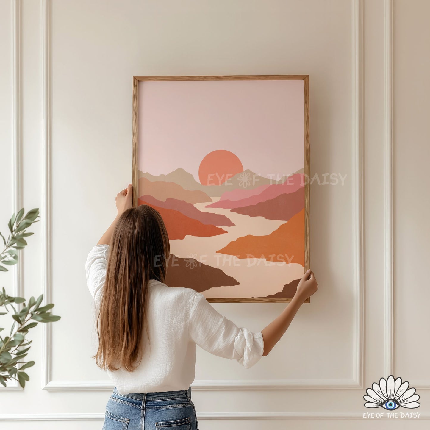 Minimalist river landscape print, printable gallery poster for boho living room or bedroom decor