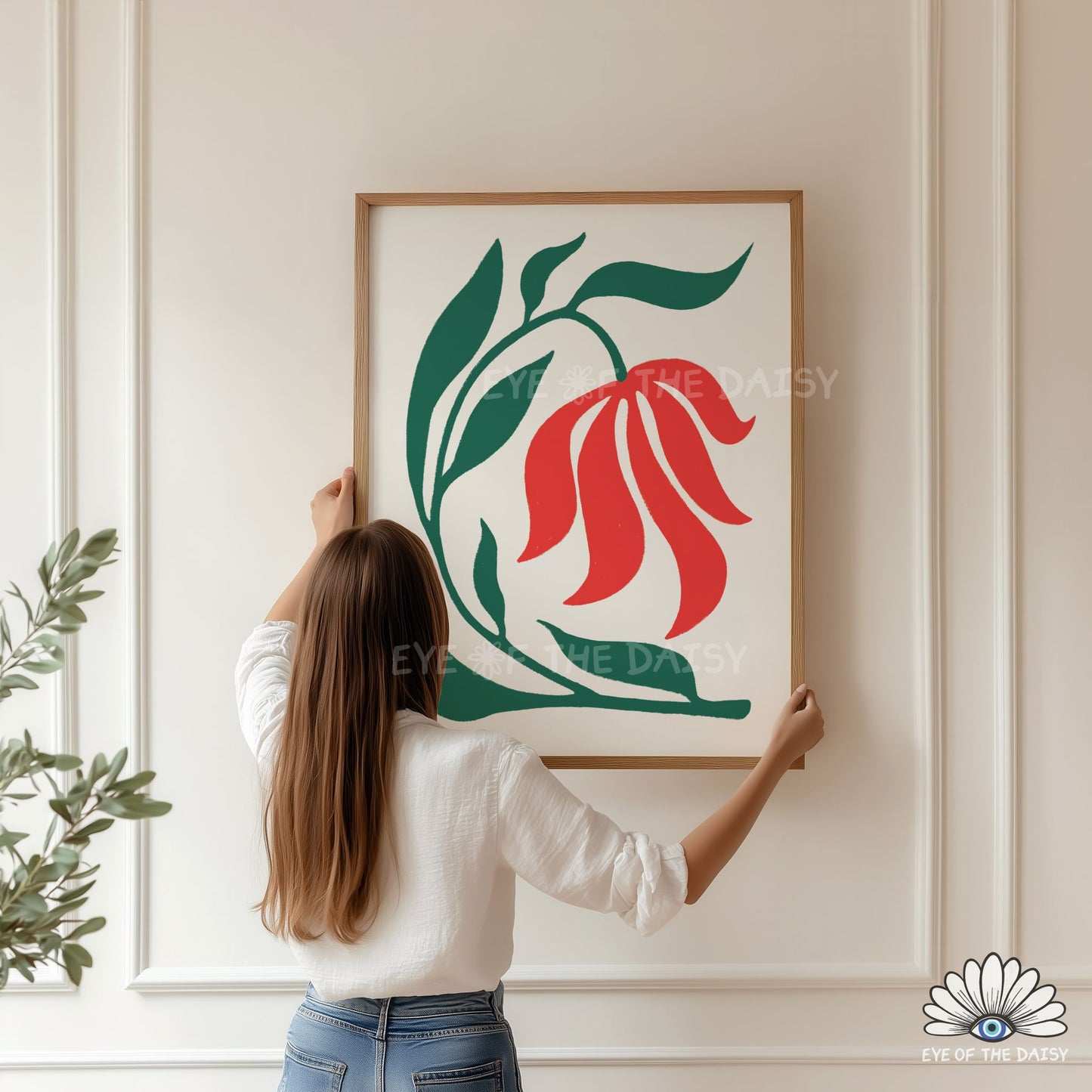 vibrant red and green funky floral poster, dopamine decor printable for kitchen or dining room styling