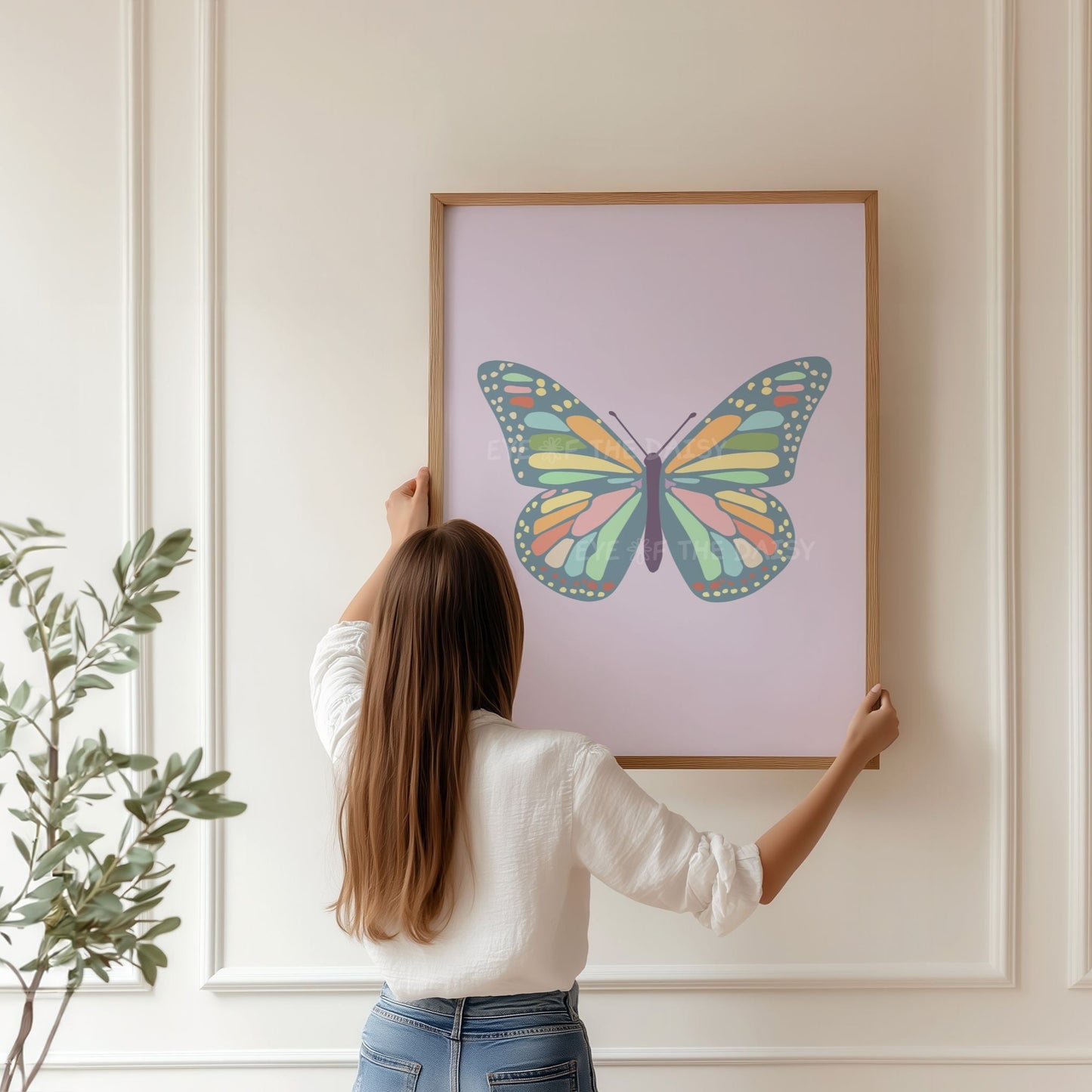A colorful abstract butterfly print in lilac and pastel colours, cute butterfly printable wall art decor