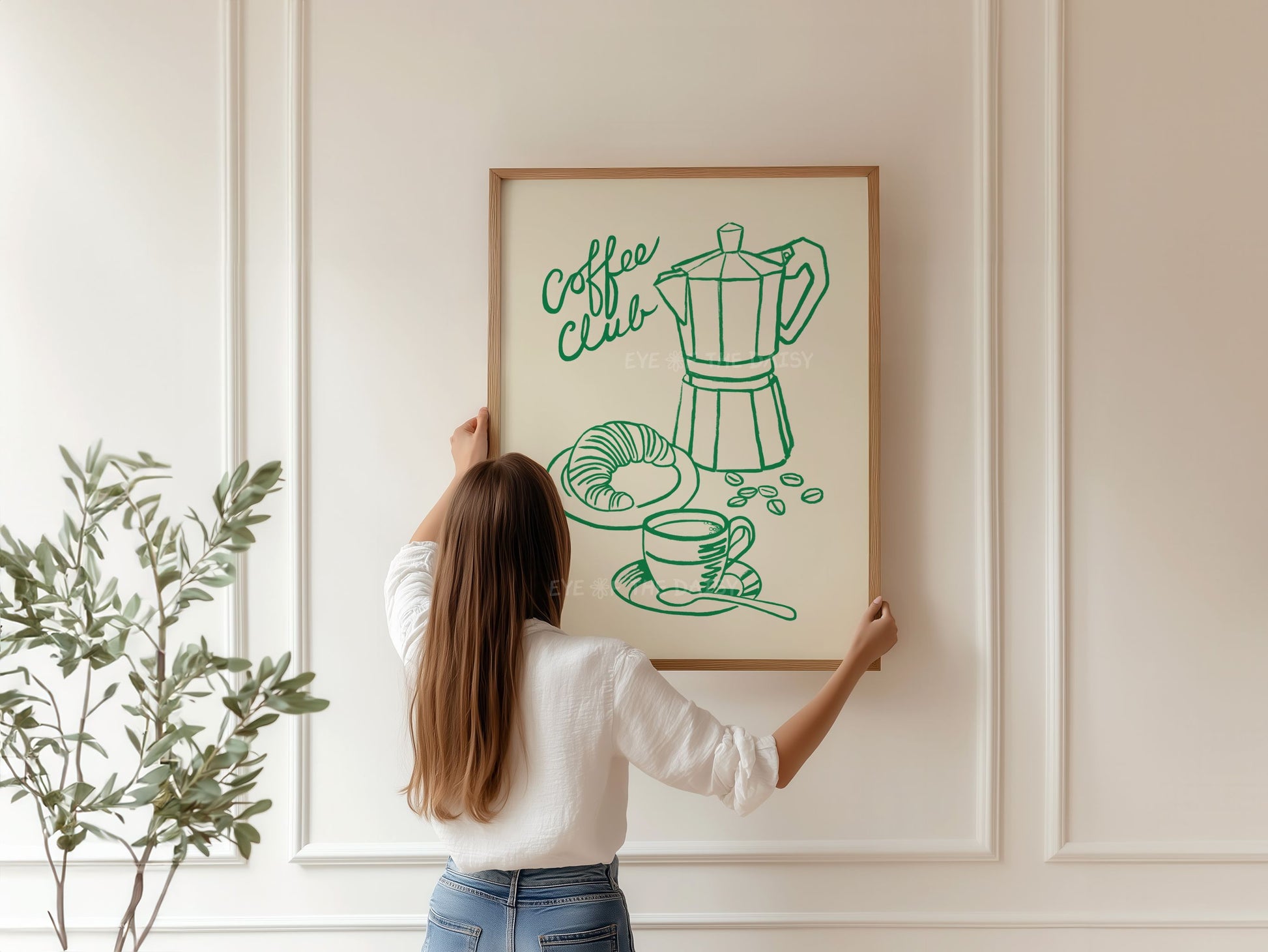 A trendy mid century modern "Coffee Club" poster with coffee & croissant illustration, great coffee bar wall art or coffee station sign