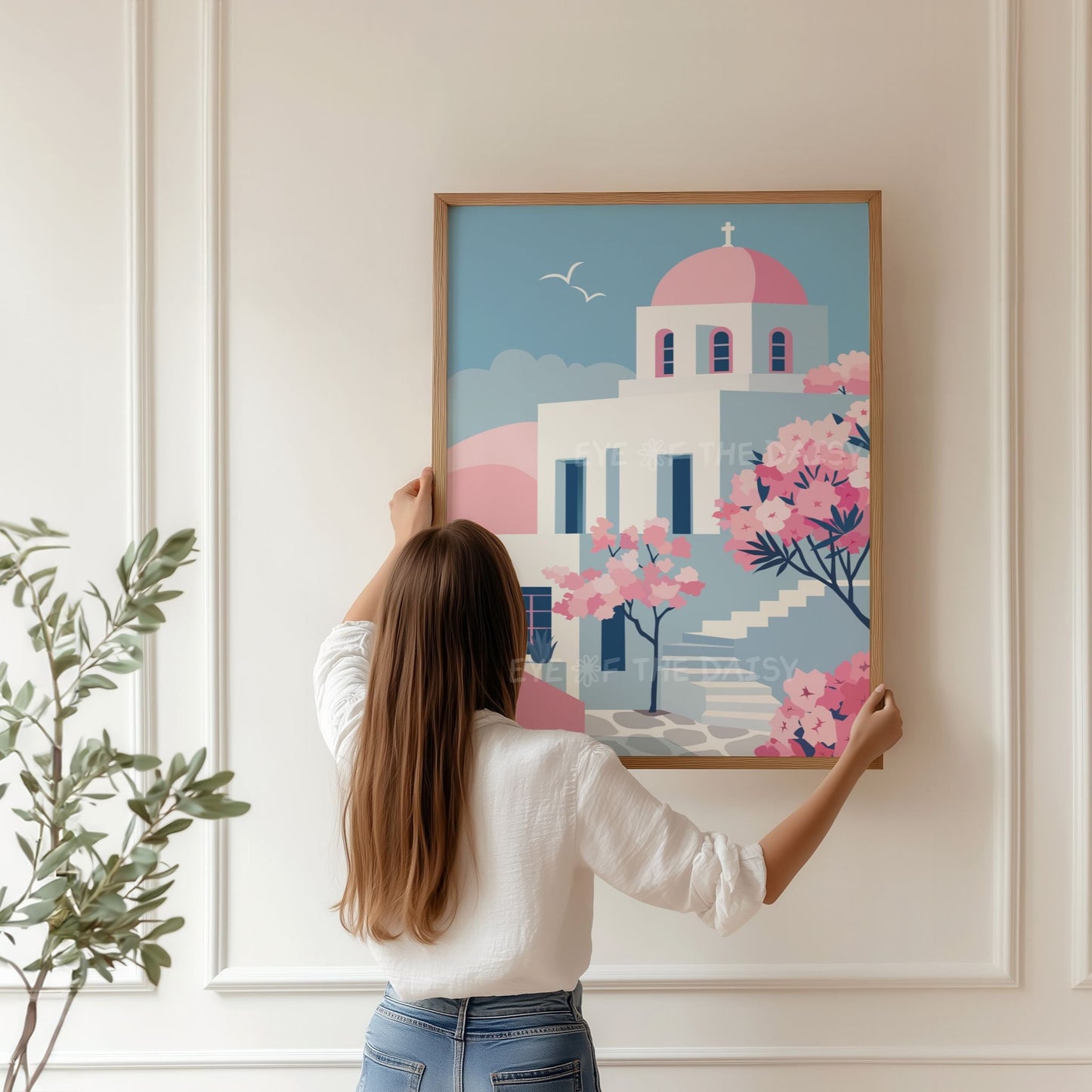 Paros Greece print set of 2 with coastal blue sea and white Cycladic church, digital download for serene bathroom wall art decor