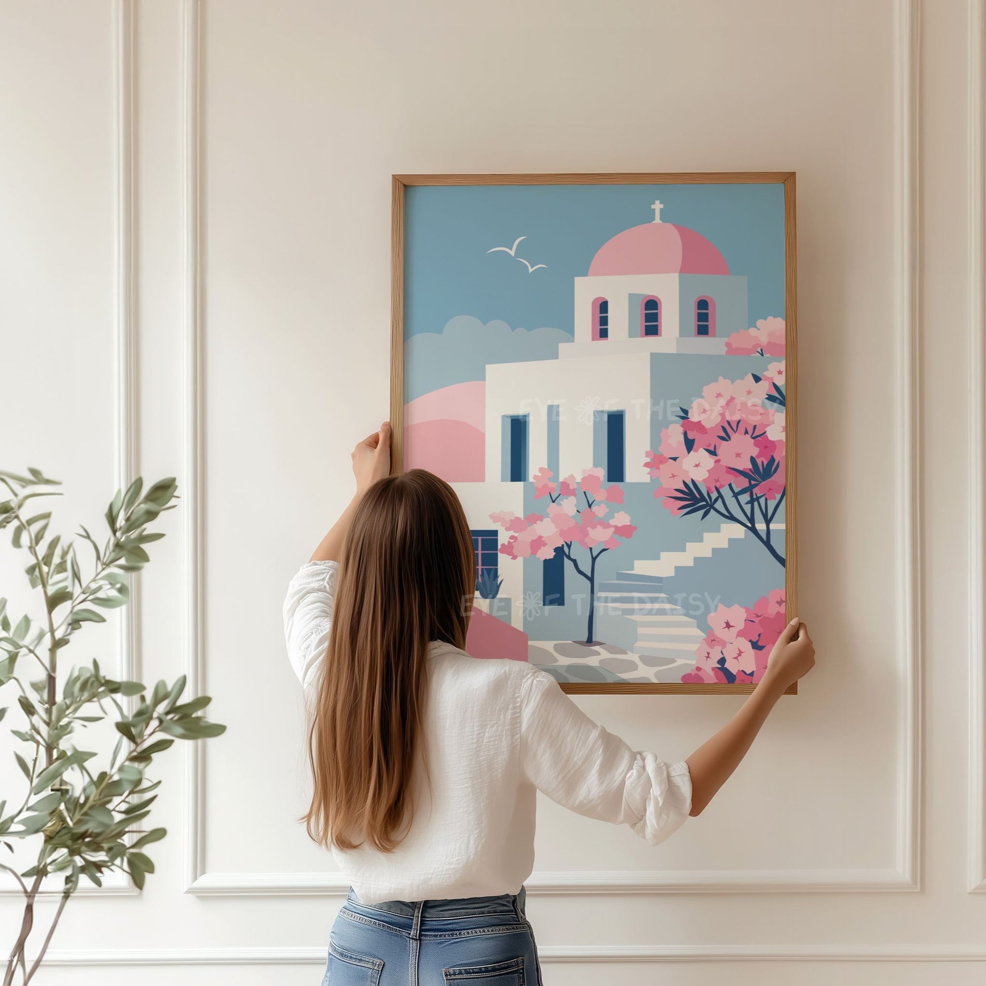 Paros Greece print set of 2 with coastal blue sea and white Cycladic church, digital download for serene bathroom wall art decor