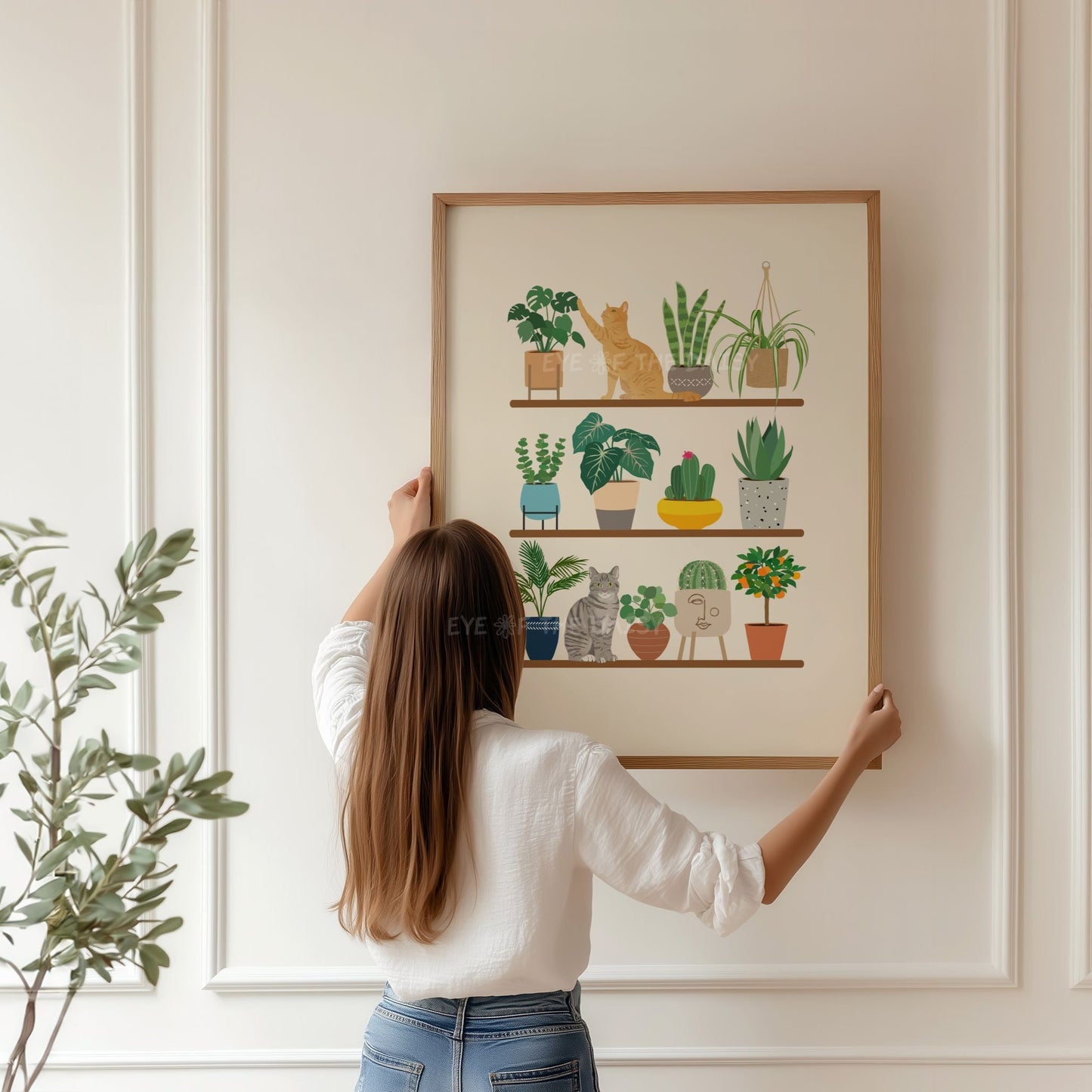 Boho house plants and cat wall print – digital poster with ginger and tabby cats on shelf, fun decor for kitchen or nook