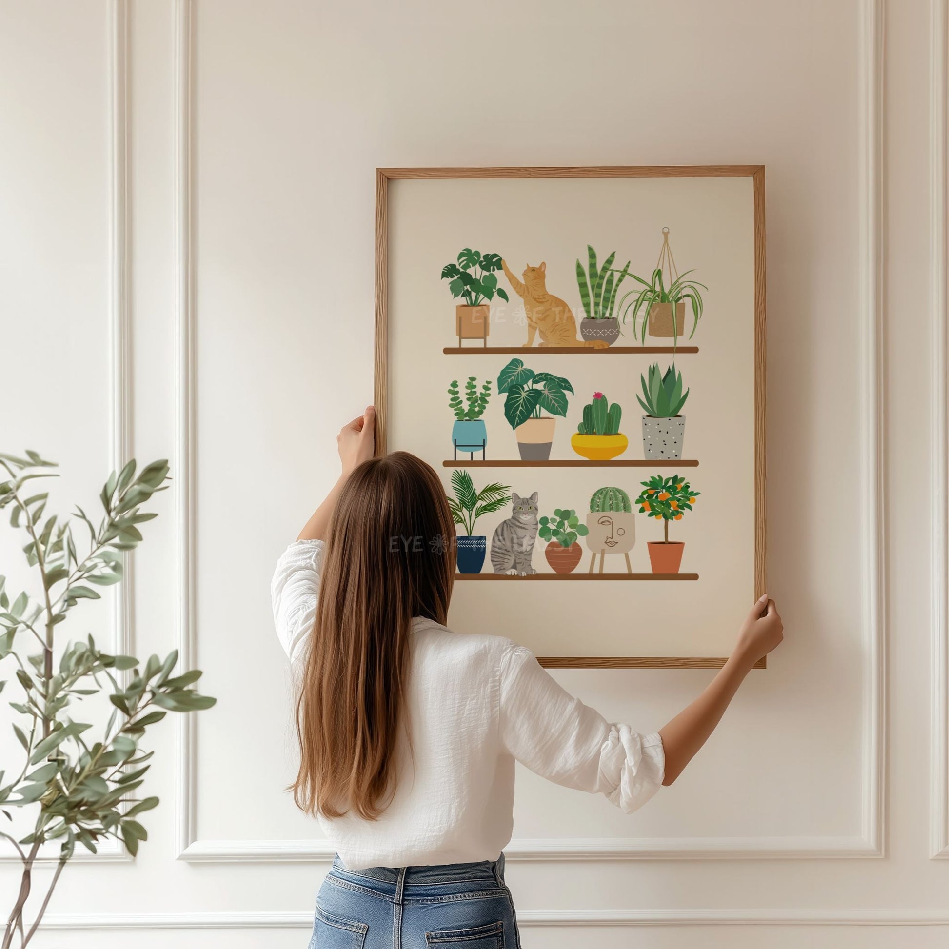 Boho house plants and cat wall print – digital poster with ginger and tabby cats on shelf, fun decor for kitchen or nook