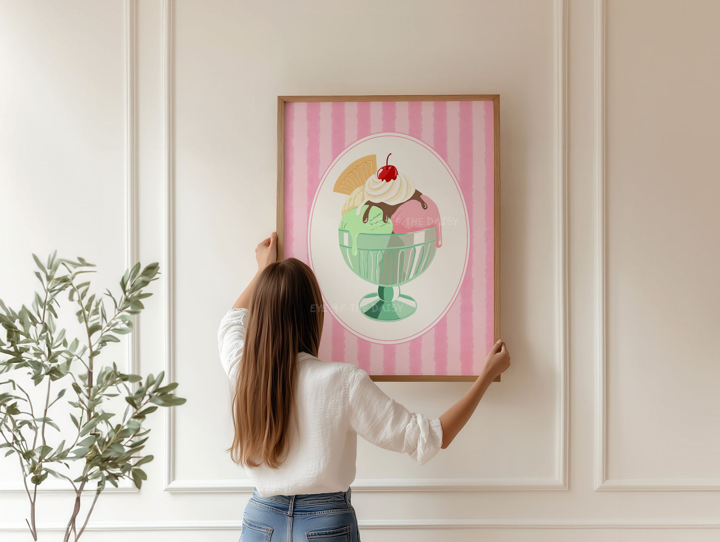 Italian gelato ice cream sundae poster in pink and mint green, great trendy hand drawn kitchen wall decor