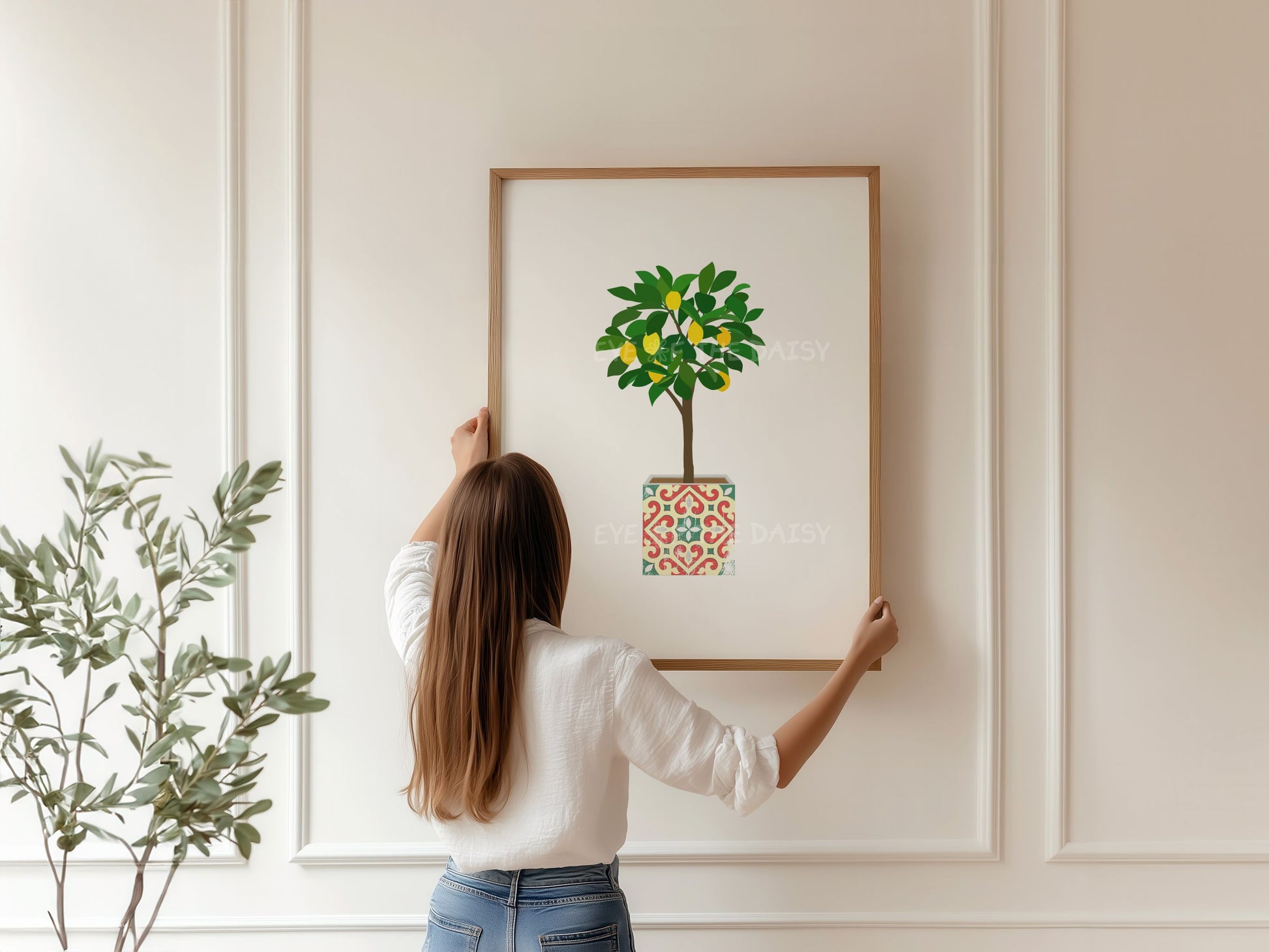 Colorful lemon tree printable wall art – minimalist botanical poster download, ideal DIY wall decor for Mediterranean-inspired home office space