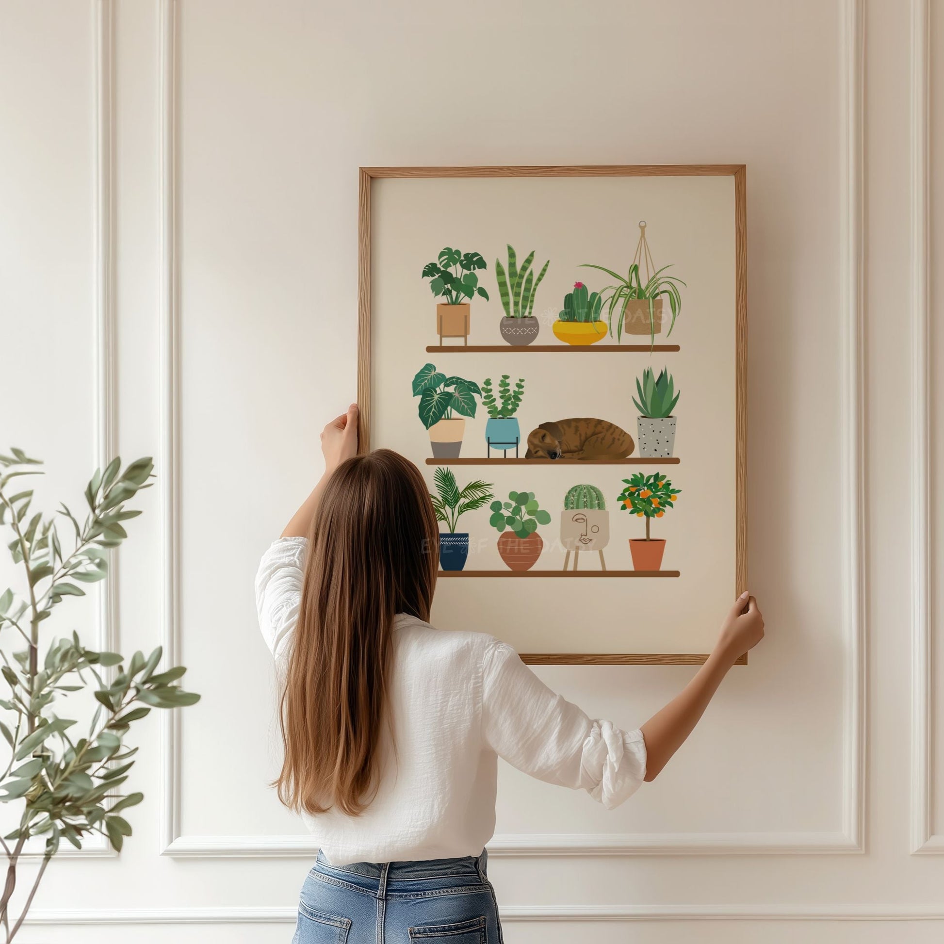 Digital Dachshund dog and house plant print – whimsical poster download, printable wall art for boho or cozy home styling