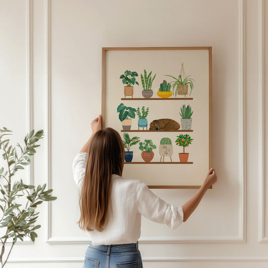 Digital Dachshund dog and house plant print – whimsical poster download, printable wall art for boho or cozy home styling