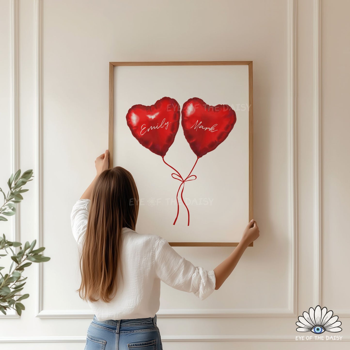 High resolution personalized couples poster, red heart balloons print, playful dopamine bedroom art