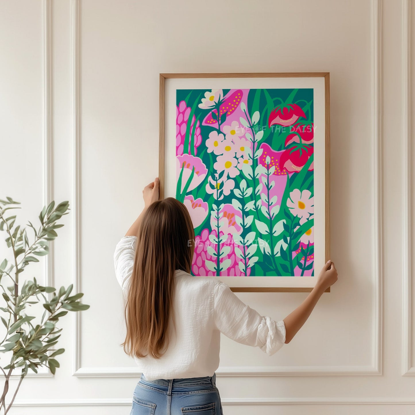 Abstract flower garden wall print – funky digital artwork in hot pink and teal, printable art for modern living room decor