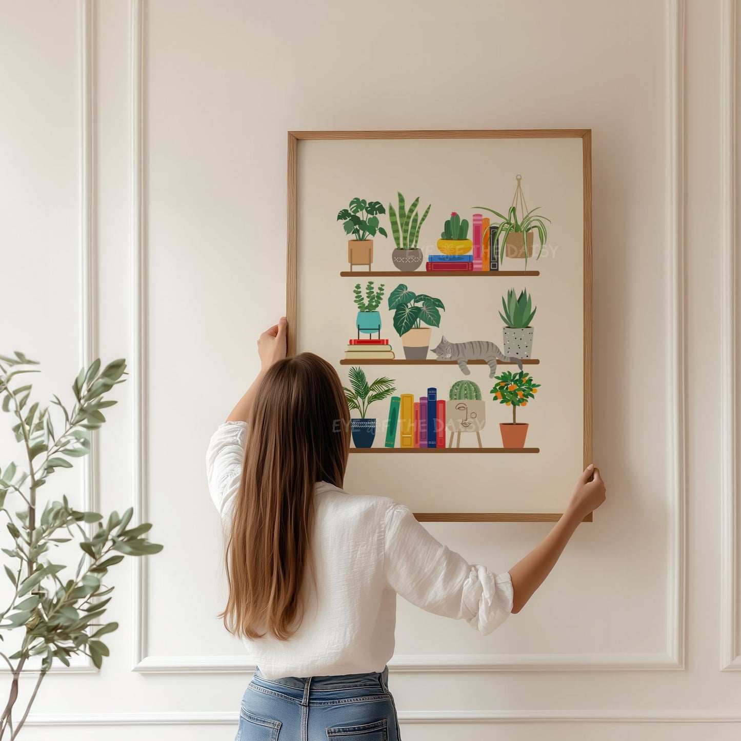 Cat and books bookish wall art – printable digital download of tabby cat on bookshelf with plants, ideal for reading nook decor