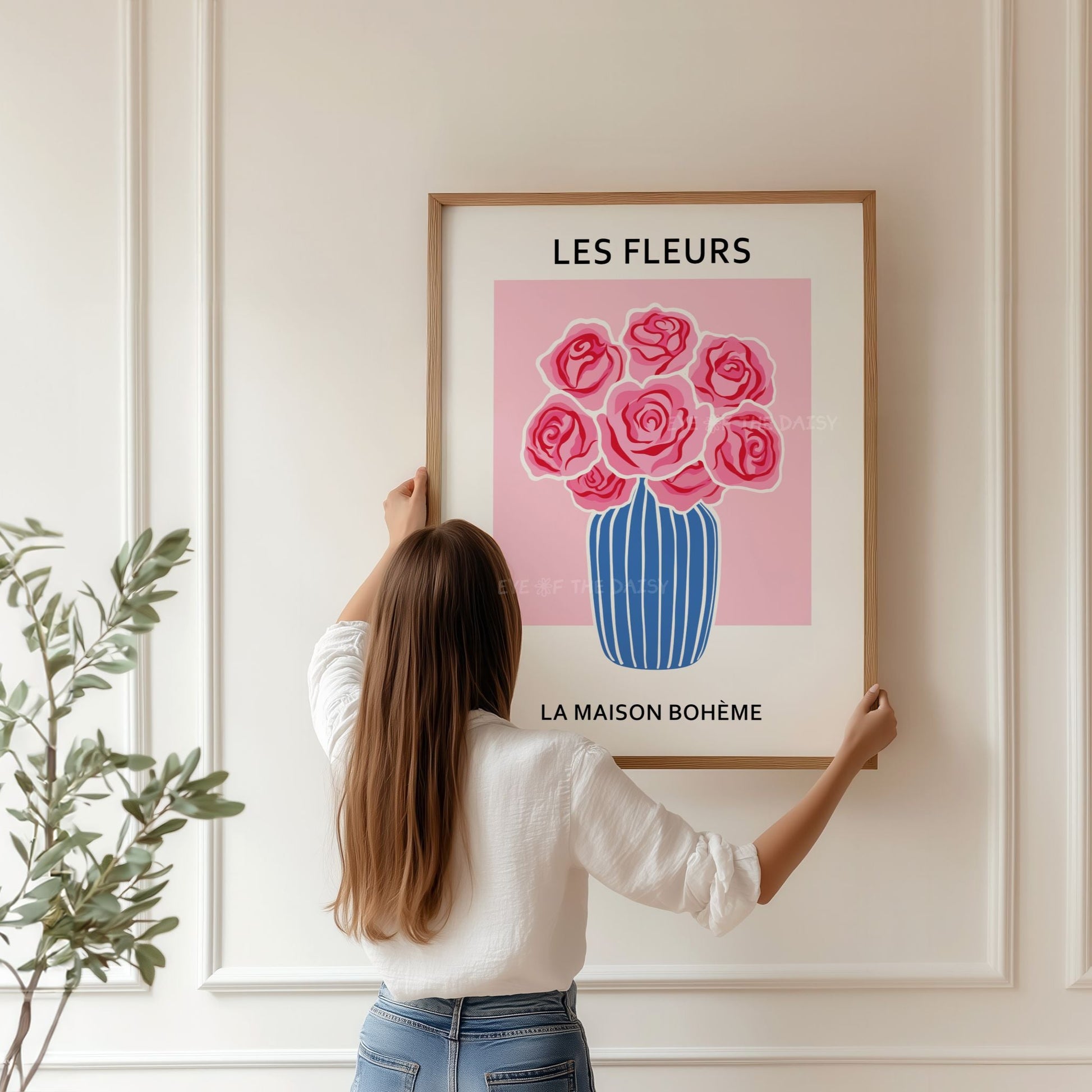 Les Fleurs pink roses in blue vase printable wall art - modern Scandi maximalist exhibition poster print in vibrant colours