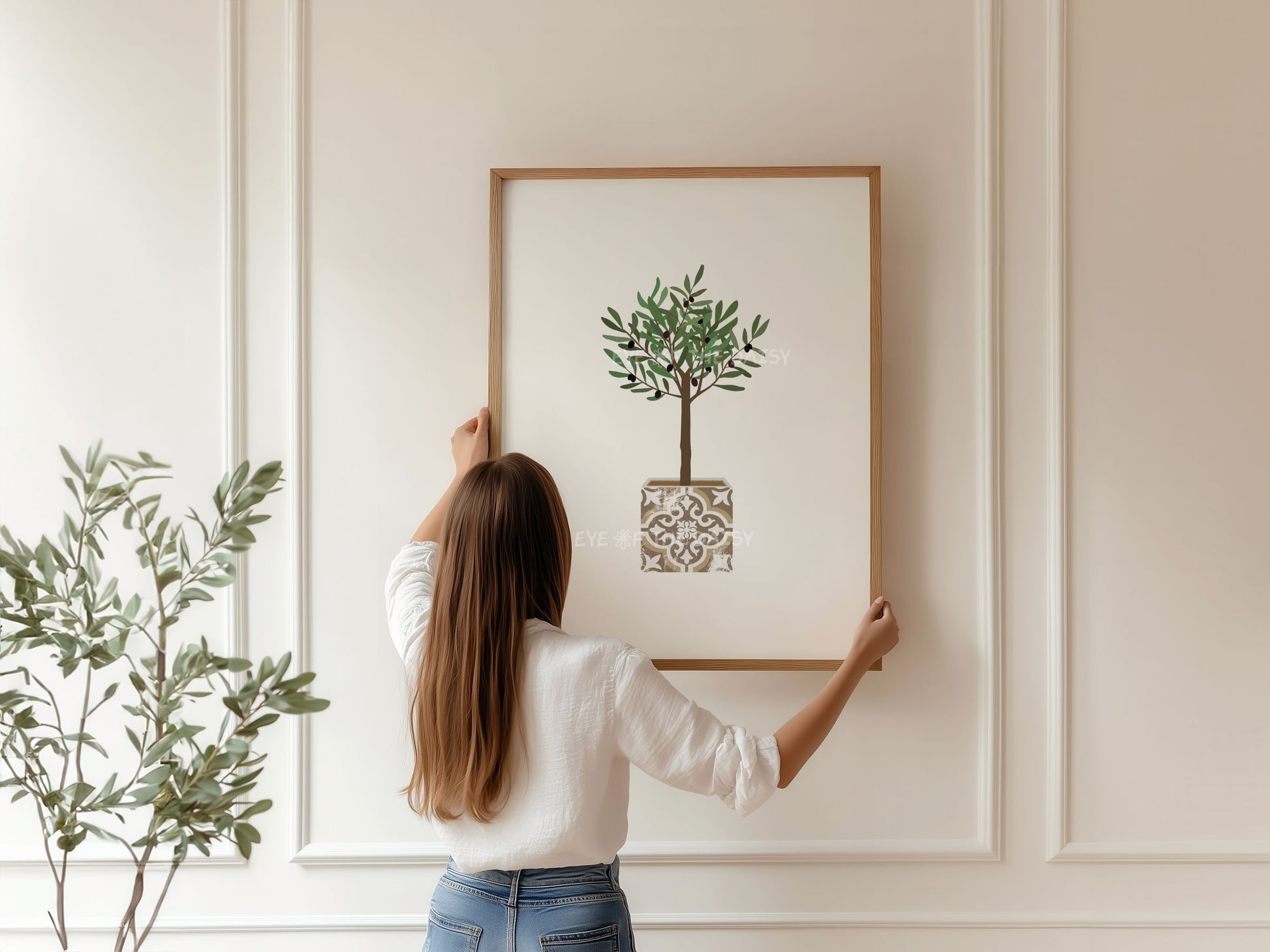 Neutral olive tree botanical print in boho pot – minimalist printable wall art, downloadable decor ideal for modern Mediterranean living room gallery walls