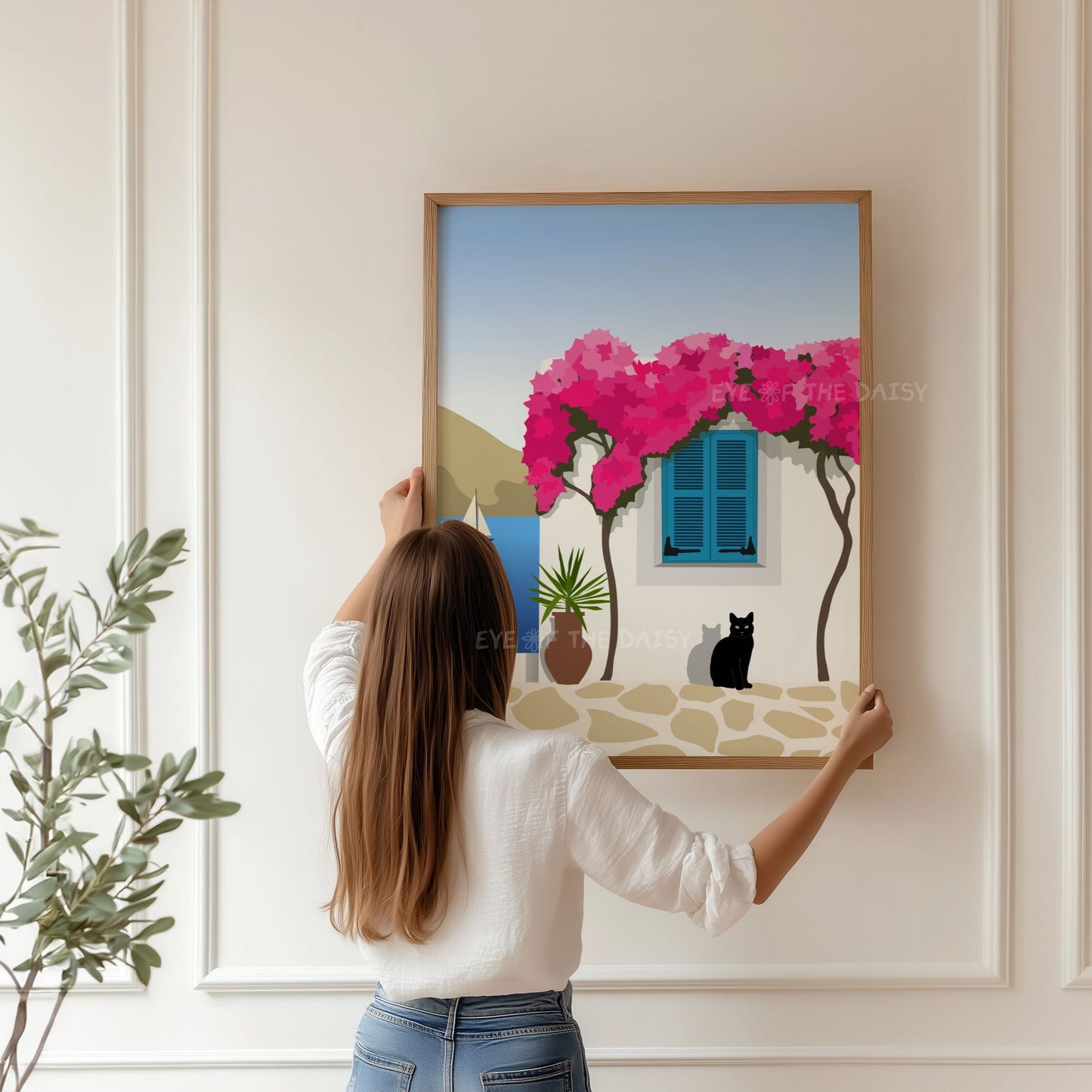Greece travel print — Paros illustration poster with bougainvillea and cat, perfect printable wall art for aMediterranean inspired decor