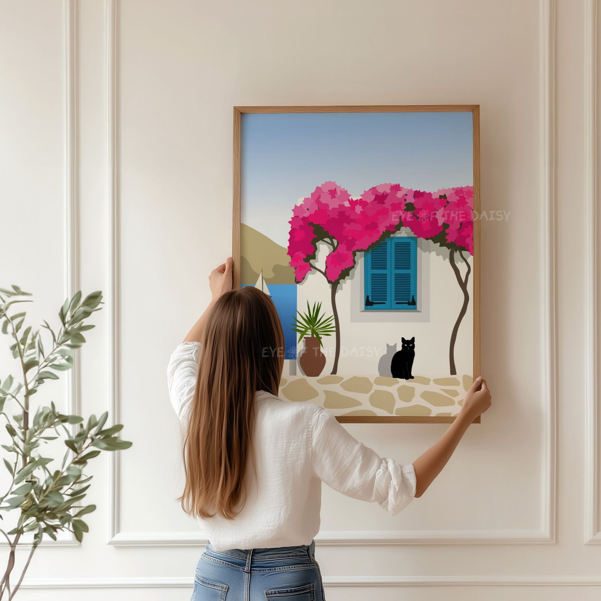 Greece travel print — Paros illustration poster with bougainvillea and cat, perfect printable wall art for aMediterranean inspired decor