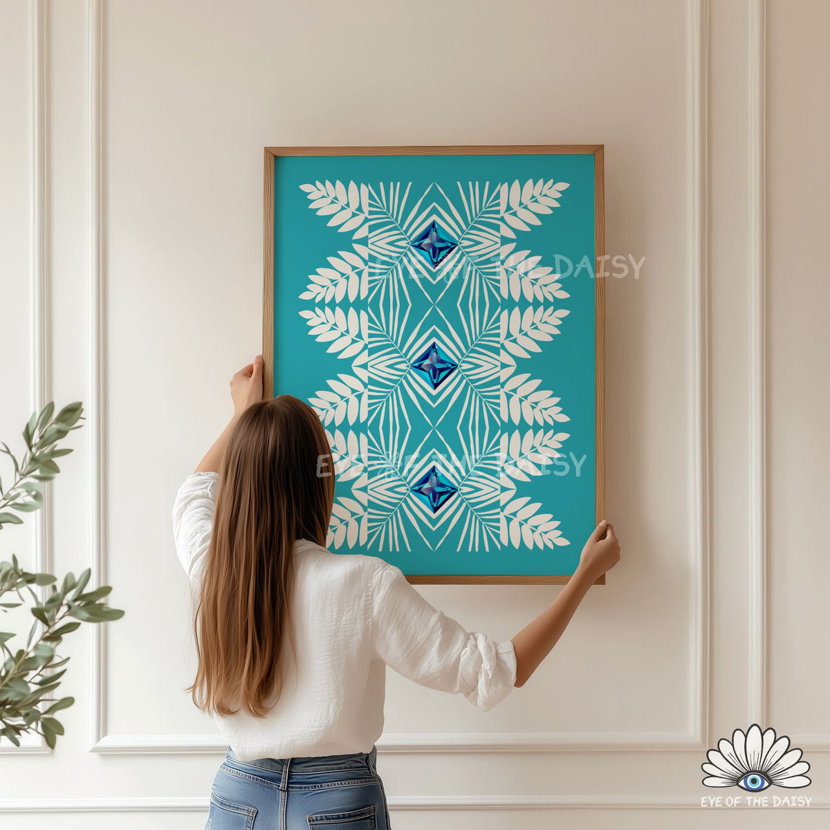 turquoise abstract palm leaf print digital download, modern bohemian poster for colourful interiors